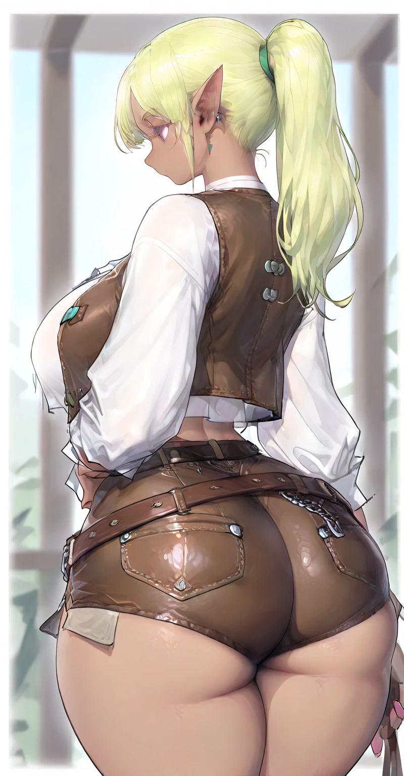 (best quality:1.3), (4k quality),(sharp image), Ciri, ((Detailed face)), ((masterpiece face)),((perfect detailed eyes)) (blush), Ciri, (((white hair, white tied hair))), green eyes, pink lips, pink lips, sly face, face with stern features, ((detailed face)), perfect face, highly detailed eyes, masterpiece, absurdres , (intricate details), (colorful),cinematic lighting, extremely detailed CG unity 8k wallpaper , 1girl, solo, mature female, erected tits, fit body, cameltoe ,((( white shirt, brown leather leggings, belt, brown leather gloves))), (tricky glance, wicked smile), forest, ((perfect small erected breast)), (((standing and showing her ass)))(((((from behind)))))