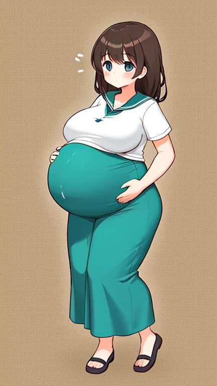 Pajamas, comfy clothing, Mouth wide open, mouth open, parted lips, Burping, mouth open, winking, hands on belly, holding belly, bloated, bloated Belly, pregnant, tight belly, Full body, standing still, 1girl, 18 years old,, looking at viewer, parted lips, long hair, brown hair, headphones, whisker markings, medium breasts, simple dark background, one eye closed,