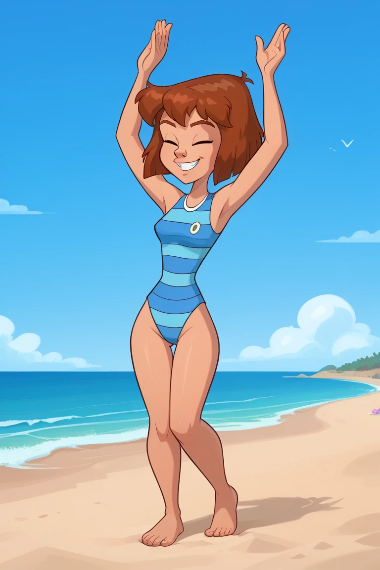 A cartoon girl in a swimsuit on the beach, en una playa soleada, en una playa, en la playa, en una playa, en la playa, is wearing a swimsuit, De pie en la playa, Piel bronceada suave, she has olive brown skin, en bikini, posando en la playa, De pie cerca de la playa, piel bronceada), swimsuit, piel bronceada