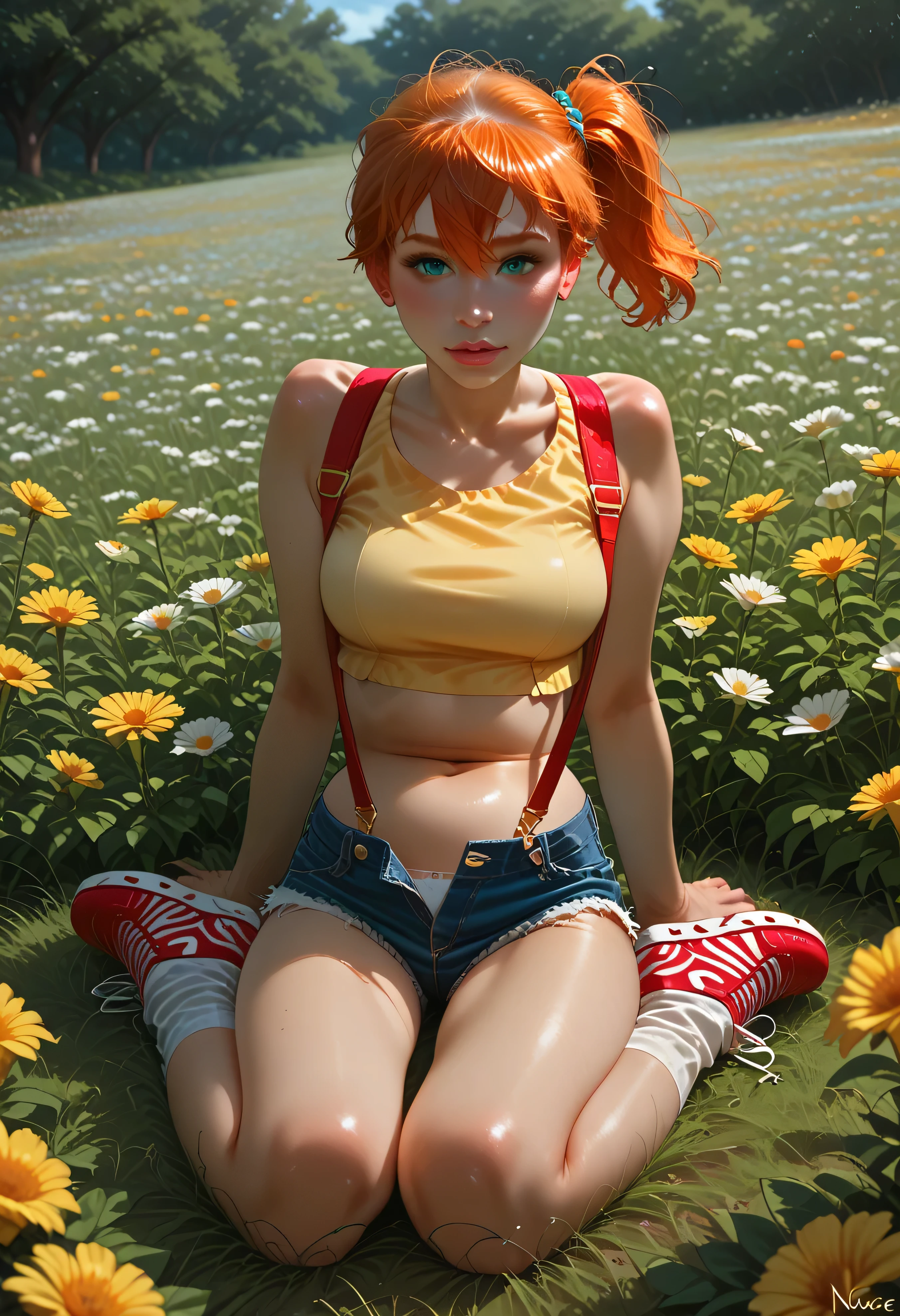 Incase, flat colors, high detailed, high quality, masterpiece, best quality, very awa, absurdres, detailed eyes, detailed face, detailed skin, simple background, BREAK (colorful:1.3), (cute character:1.5), 1girl, misty (orange hair,short hair,side ponytail,hair tie,hair between eyes,bangs,aqua eyes), outfit (collarbone,yellow crop top,midriff,bare arms,medium breasts,stomach,navel,groin,red suspenders,denim shorts,short shorts,bare legs,white socks,sneakers,red footwear), sitting in flower field, hair flying in wind, windy, tall flowers, detailed background, soft pastel colors, warm and sunny atmosphere,, BREAK Gorgeous Galactic
