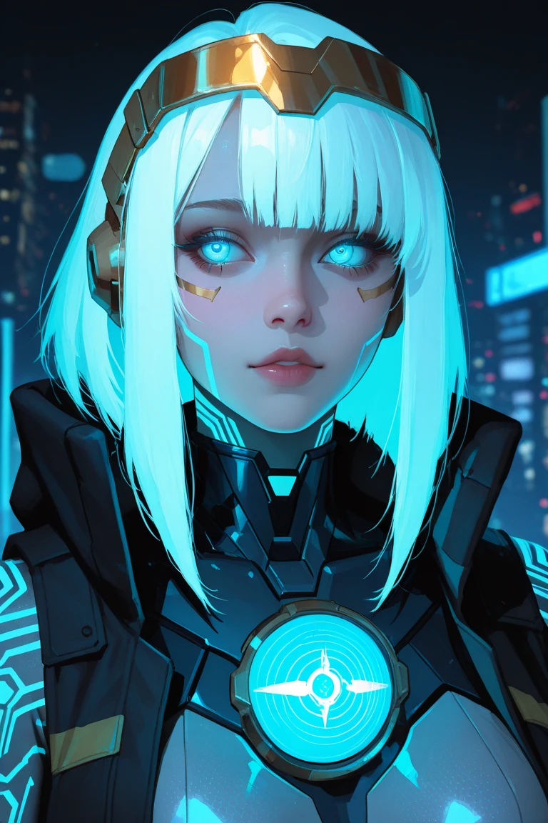 ((best quality)), ((masterpiece)), (detailed), perfect face, a beautiful woman with white long hair and a sky blue reflection, she has a tufted fringe, she has sky blue eyes, she has total black cyber suit clothes with some neon sky blue lights on it, cyber line on her face, she is suffering and dying in a pond with sky blue lights in the night. Total body.
