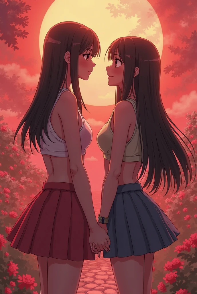 Two girls long black hairs, yuri, (The first girl wear a pink adidas pants, pink adidas cap), (The second girl wear a grey adidas pants, grey adidas cap), black underpants, white socks, white sneakers, french kiss, lesbian kiss, hugging, sensual body, closed eyes, sunset long bridge, novel cartoon, 4K, HD