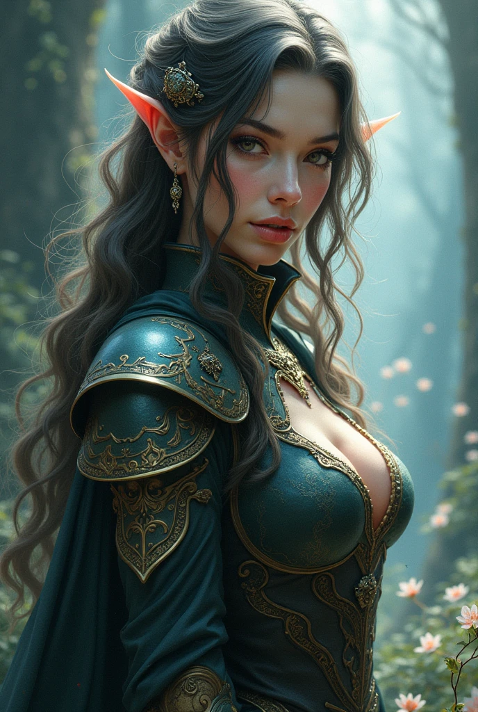 masterpiece, best quality, ultra high res, (photorealistic:1.4), (extremely detailed CG unity 8k wallpaper), 1girl, elf, pointy ears, extremely detailed face, silver necklace, long brown hair, red eyes, full body, makeup, lips, realistic, forest, silver armor,