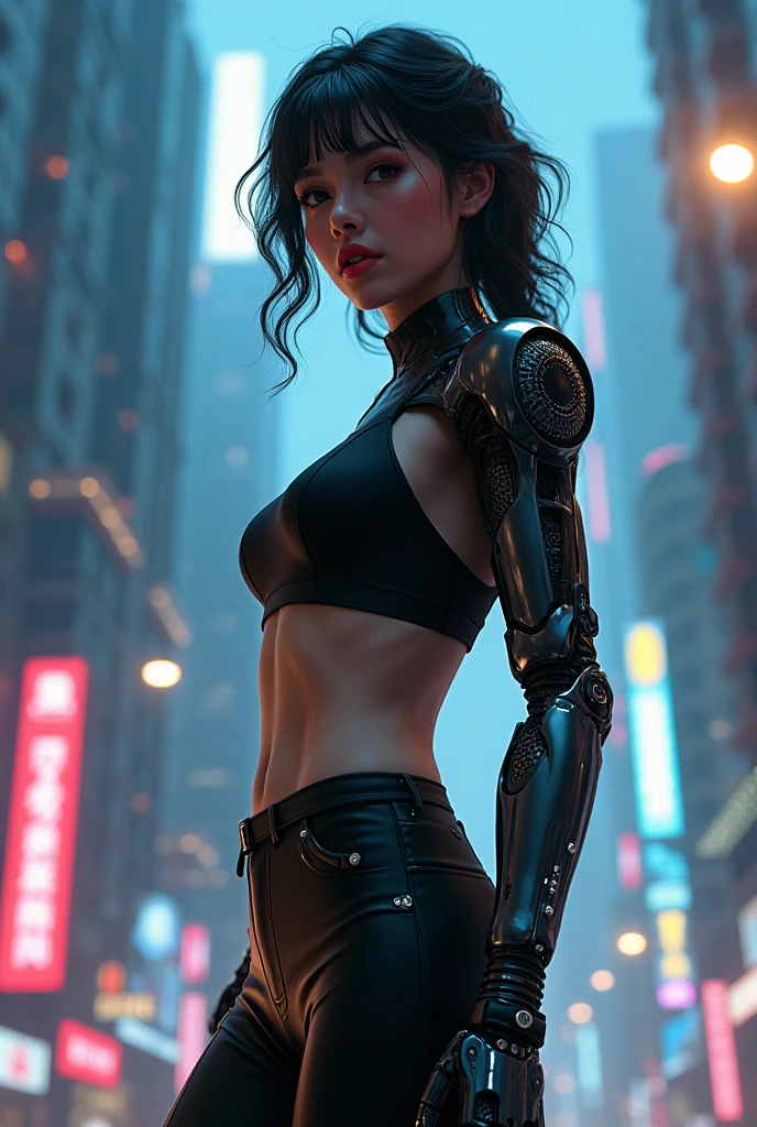 A cyborg girl is jogging down the street of a big city, passersby watching her with interest, high quality, Absurd, Masterpiece, Beautiful, complex parts, 1/2 body crops, slender body, Beautiful figure, Magnificent Anatomy, (complex parts:1.12), HDR, (complex parts, hyper detail:1.15), (natural skin textures, Hyperrealistic, soft light, Spicy:1.2)