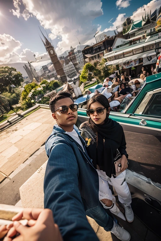 A family of three persons standing and taking selfie