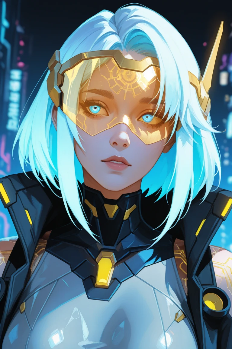 Frontal close-up portrait of a futuristic, tech-savvy woman with short white hair, styled cleanly with subtle blue metallic streaks. Her cyan glowing eyes stare intensely into the camera, exuding intelligence and confidence. A sleek golden visor covers her right eye, projecting faint holographic data streams. Across her face, intricate golden cybernetic tattoos glow softly, tracing sharp, high-tech patterns that emphasize her cutting-edge nature.
She wears a light gray with fine blue and gold circuit patterns, visible at the collar and shoulders. The high collar of a white sleeveless coat with gold trim frames her neck, reflecting ambient neon lights like a faint hologram. Her expression is calm, focused, and powerful — a mastermind hacker and engineer ready to control the digital world.
The background is a dark cyberpunk cityscape, blurred with neon blue and gold lights, giving full focus to her face. Faint holographic interfaces and floating data streams surround her subtly, enhancing the high-tech vibe. A small floating orb assistant hovers near her shoulder, projecting soft cyan glows.
Lighting is dramatic, with neon reflections highlighting the edges of her features, creating an epic, futuristic profile image.