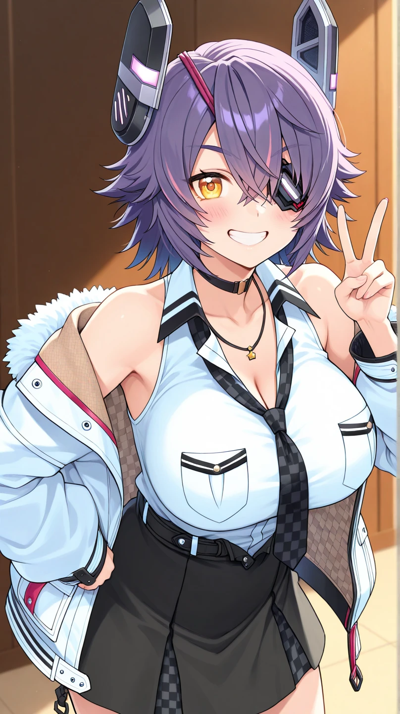 ((Nekomata okayu)), ((Masterpiece)), (High Definition:1.3), (Professional Photography:1.2), from side, messy short hair, put on cat ears, (Mischievous face), (Super Definition CG Unified 8k Wallpaper), (Best Quality), (Super Definition), (Best Illustration), (Best Shadow), Ultra High Definition, (Photorealistic:1.4), 1 Girl, (only Super Oversized Shirt, Buttoned Shirt, Open Shirt)), (Man Shirt), No Bra, Clavicle, Look at the viewer, Light smile, (Sexy Makeup)