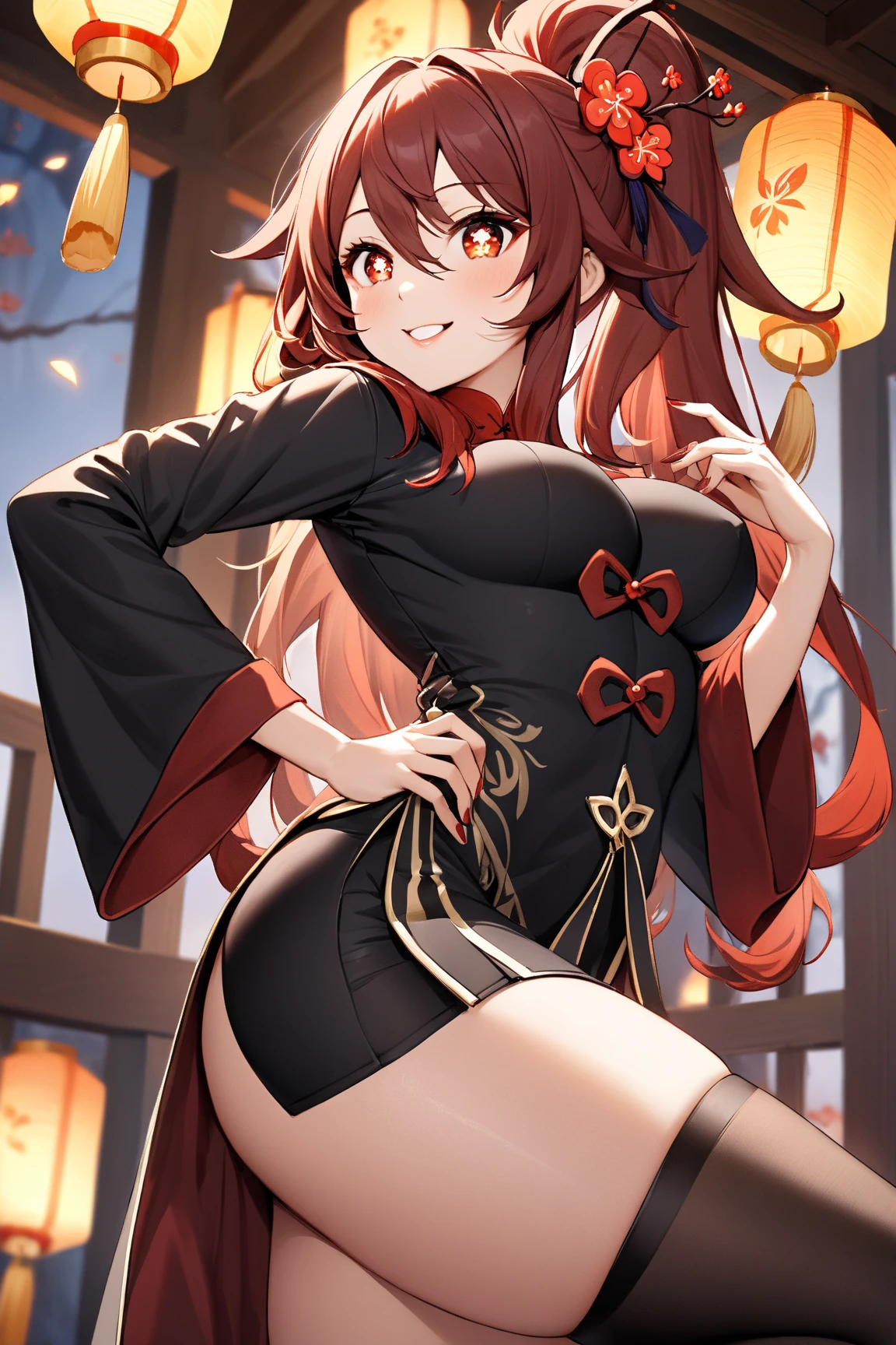 highest quality、Nice sexy body、One Woman、solo、(Beautiful busty woman:1.5)、Medium hair woman、((Woman with dark red hair))、(A woman wearing a black Chinese dress)、A woman wearing brown pantyhose、Smiling woman、Chinatown