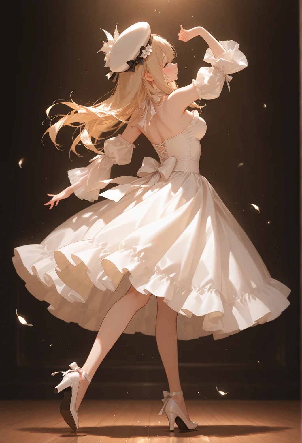 Long-haired dancer wearing white gauze skirt.white ribbon.Romantic and elegant dance costumes.Dancing on the big drum on the stage.Beautiful and extremely textured foreground and background,detailed, bright, Animation style high definition and high quality presentation((Masterpieces in up to 16K resolution):1.6),((soft_color_photography:)1.5), ((Super detailed):1.4),((Typical static images and dynamic angles):1.3), ( perfect anatomy )Complex patterns, soft shadows, highly detailed structures, digital art, high detail,