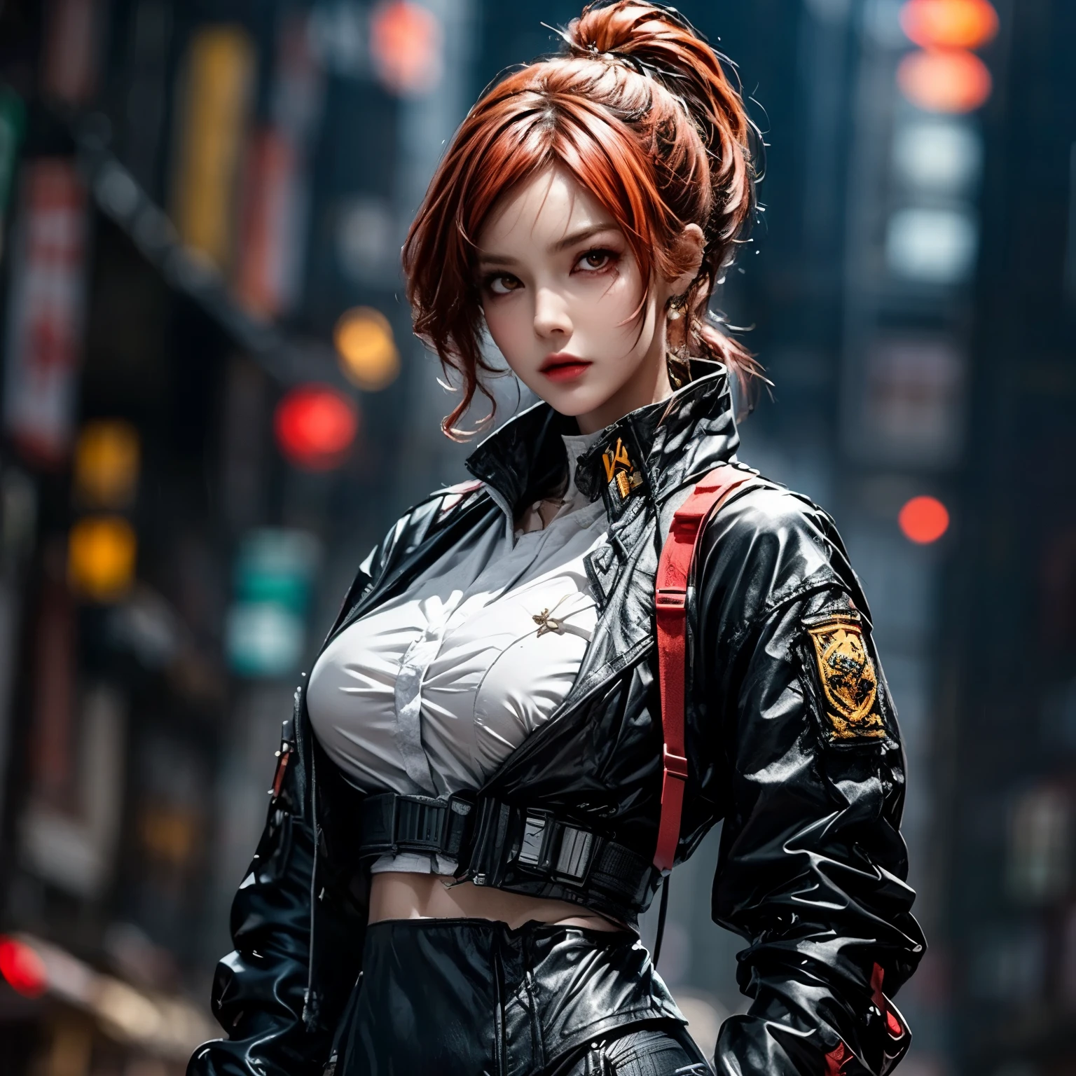 Masterpiece, Handsome bounty hunter, 1 Mechanical Girl, (ultra realistic details), (Cyberpunk city on a night background, ciberpunk (((Red Outfit, Cyberpunk Long Jacket))), Strong muscular body, short (((multi-colored hair, undercut))), (((Mechanical Limbs))), cyberpunk aesthetics, (skin texture:1.1), Best Quality, extra high resolution, (Photorealistic: 1.4), RAW photo, Ellen von Unwerth, back light, Rimlighting, studio lightning, (Huge-breasts), (sexy clothes), ((sexypose, sexually dressed)), 8K, (skin texture:1.1), (Sweaty Body 1.1), (Skin Shine 1.1), (highly detail face:1.1), High detail of the body, very detailed clothes), (Realistic Ultra High Definition, 8K, extra high resolution, Film grain, Cinematic lighting, rim lighting, photo by Arnie Freytag, ((Huge perky breasts, thick thighs, huge round buttocks cleavage 2.8))(detailed blue eyes)((hands behind head, armpits)) full tight pants