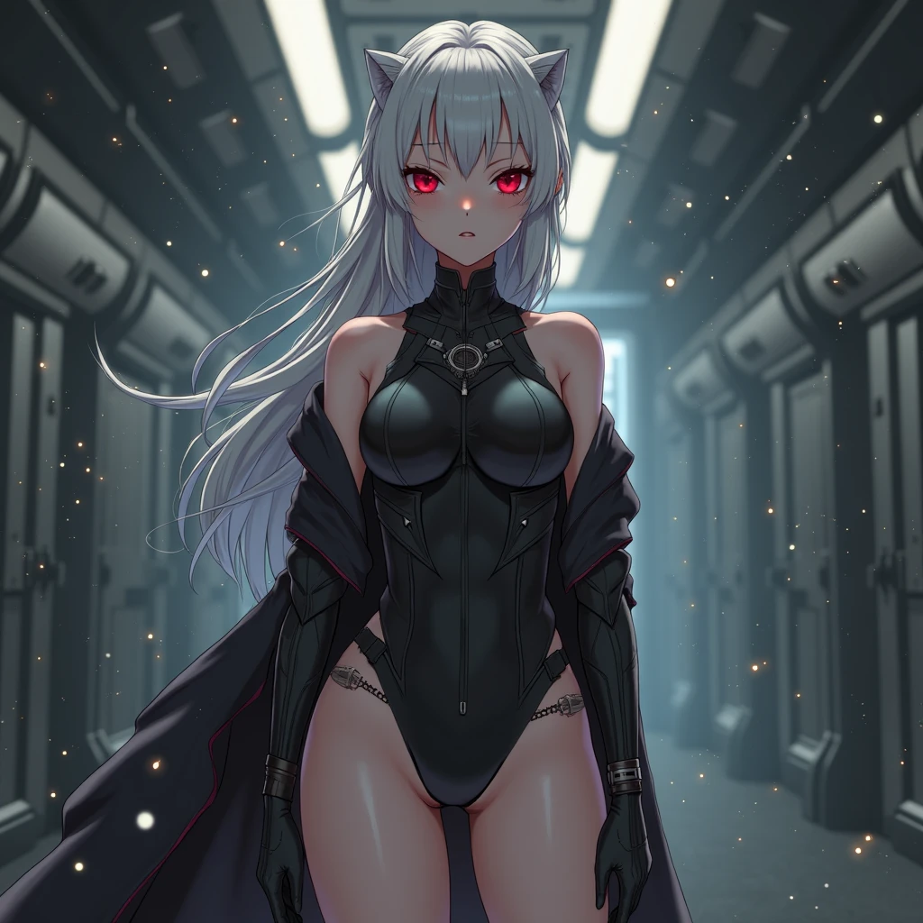 (masterpiece), best quality, expressive eyes, perfect face, anime girl, full-body skin-tight latex catsuit, front facing head-to-thigh view, one picture, dark background, one girl, alone, multi-point full-body harness, realistic harness, perfect harness, high detail harness, white harness, skin-tight harness,alice,vampire,grey hair, long hair, red eyes, pointy ears, small breasts
