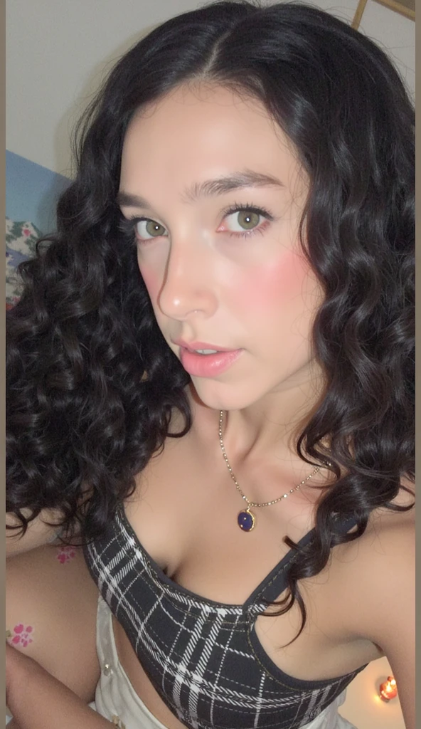 there is a woman taking a selfie in a mirror, greasy hair, frizzy hair, in her hair, messy curly hair, hair is the focus, her hair is in a pony tail, curly hair, a black man with long curly hair, her hair is white, text and a pale young woman, her face framed with curls, tessa thompson inspired, Big tits, huge tits , no clothes, sexy, cute, minimal clothes, thick, bbw, chubby stomach, thick nipples, nipple piercings, large areola, hard nipples, piercing through shirt, nipples hard through shirt, busty, major cleavage, naked, ripping through top, spilling over sides, bra too tight, giant , extra wide hips, upper body zoom in, showing off huge , fat stomach, see through top, fat bbw, large areola showing, major cleavage, latina, down to stomach, wide hips, sexy, upper body zoom, thick arm, showing off , top half only, showing only upper, only a bra, showing off cleavage, naked, big  showing, big  out, no clothes