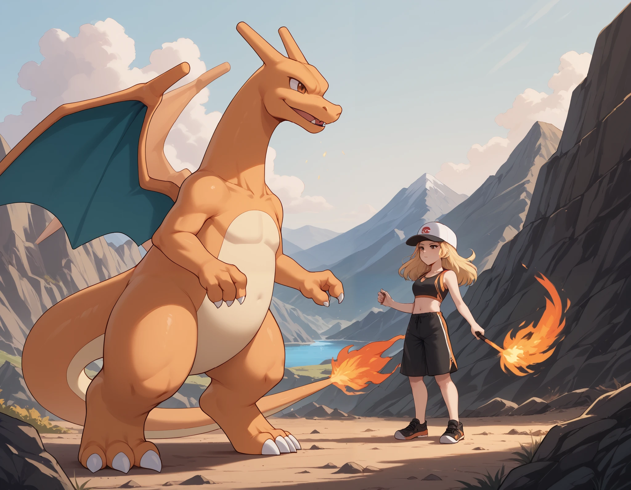 (Masterpiece) (High Detail) (High Res) 2 characters, one human and one pokemon. A curvy slim Humanoid canine female with pale human skin and brown eyes and long blonde straight hair and fluffy blonde floppy golden retriever dog canine ears and a long fluffy blonde golden retriever dog canine tail and medium breasts. She is wearing a Pokemon trainer cap and sports bra and shorts and is in-front of a Huge Charizard Pokemon Fire Dragon Pokemon. Bipedal Orange Charizard Dragon Pokemon Species with teal wings. They are both on a volcano surrounded by fire. Human and Pokemon. Trainer and Pokemon. The human has fluffy blonde floppy golden retriever dog canine ears. Human and Pokemon stood together. Human and Bipedal Charizard. Charizard Pokemon Species. Charizard stood behind human trainer. Fire.