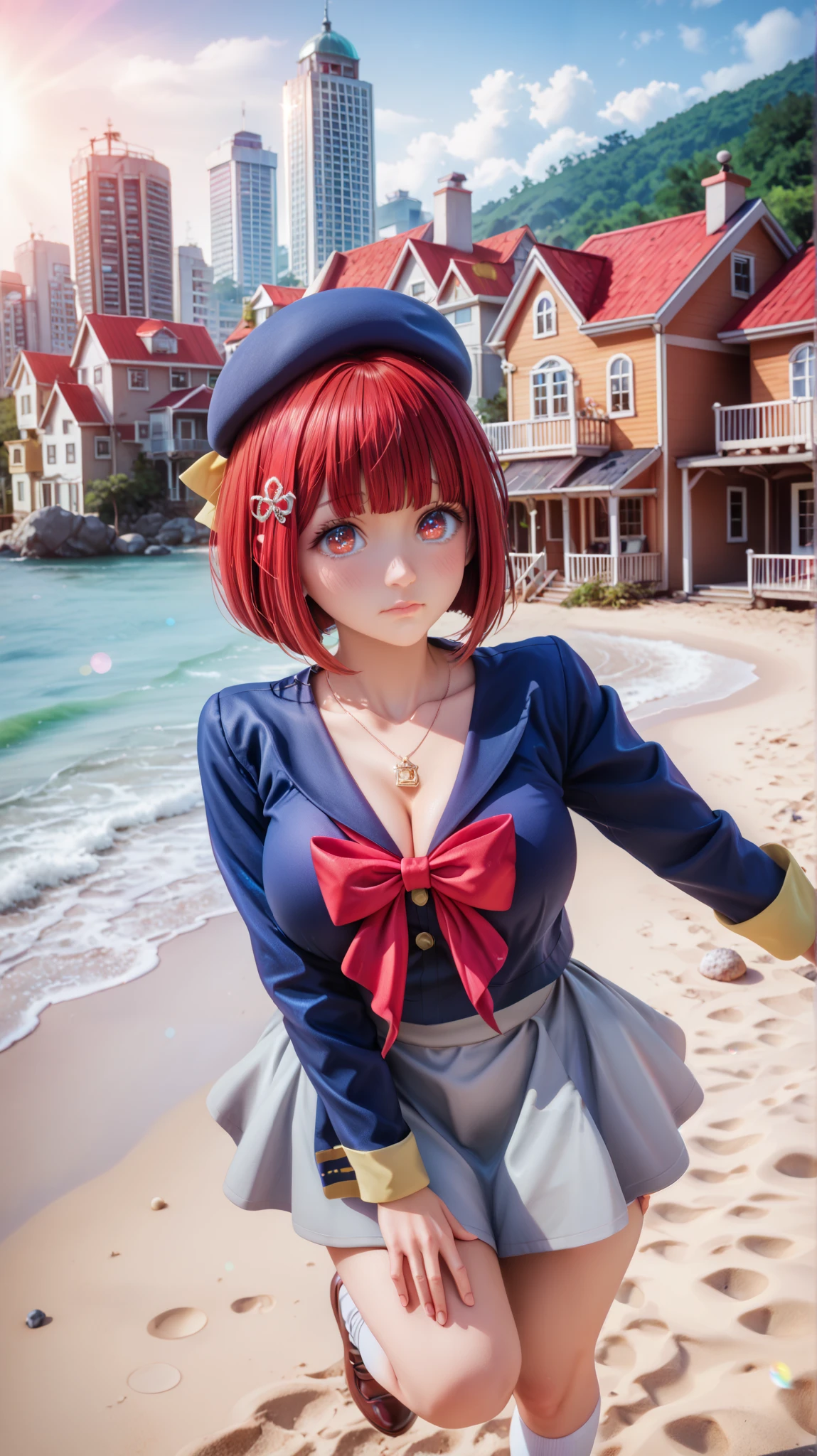((masterpiece)), (best quality:1.7), (detailed:1.4), (high res:1.4), 8k, (colorful:1.5), 2d, high resolution, sharped image, 4k, hd, arima_kana, 1girl, solo, red eyes, (((red hair))), short hair, blush, blunt bangs, looking at viewer, ((big breasts)), ((large breasts)), ((thighs)), cowboy shot, middle body, ((big hips)), (particles), ((ornament on chest)), ((small eyes)), (narrow eyes), (casual beret), bow, chest bow, hair bow, skirt, shirt, socks, school shoes, black shirt, brown footwear, blue jacket, school uniform, grey skirt, ((blue beret)), hair ornament, closed mouth, (cleavage), beach, sand, sea, house, sun, sky, blue, clouds, ((curvy body)), two legs, ((big thighs)), multiple house, buildings, ((town)), beach town, ((sad)), embarresed, borrowed, blush, ((standing on one leg)), (hand on own hips), (hand on own chest),