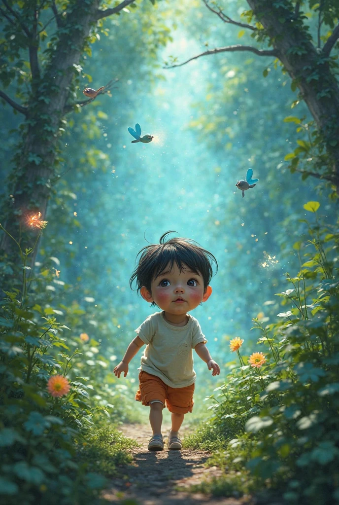 in the middle of two cliffs, a  pretty baby boy in a meadow plays with birds and butterflies, chibi style, full-length, realistic , tenderness and beauty, big cute sparkling eyes, a waterfall on the other side, soft mists with sparkles invades the surrounding, shimmering neon tones, aesthetically pleasing, soft lumen lighting, ultra detail, 16k, ultra high definition details,, Miki Asai Macro photography, close-up, hyper detailed, trending on artstation, sharp focus, studio photo, intricate details, highly detailed, by greg rutkowski