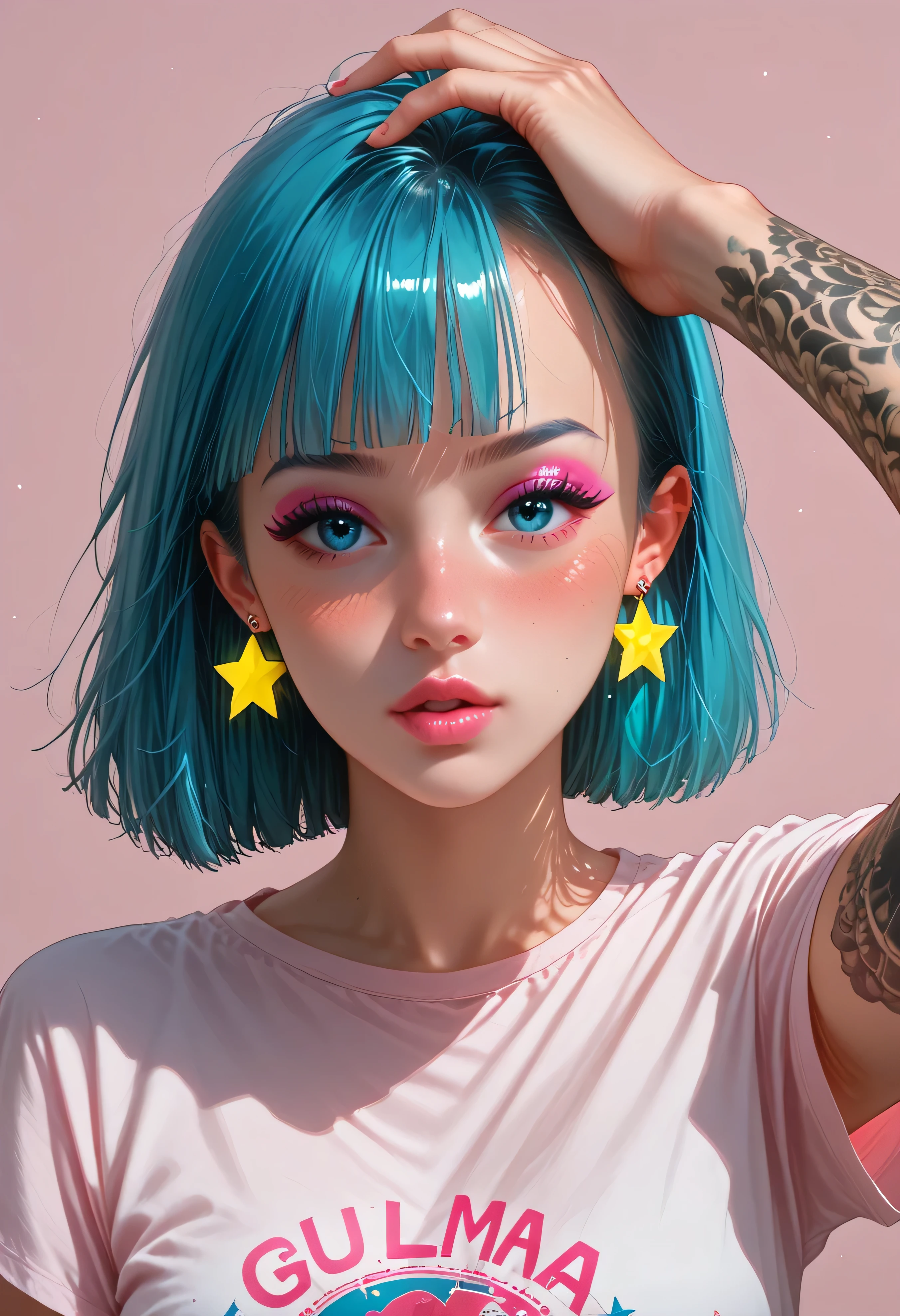 masterpiece, best quality, amazing quality, very aesthetic, absurdres, newest, 1girl, bulma, blue hair, blunt bangs, side bangs, marine blue eyes, detailed eyes, eyeshadow under eye, fading eyeshadow, pink lips, parted lips, blush, nose blush, star earrings, pink t-shirt, short sleeves, midriff, arm tattoo, forearm tattoo, arms on head, minimalistic background, pink background, soft shadows, shading, looking at viewer, facing viewer, modeling,Gorgeous Galactic