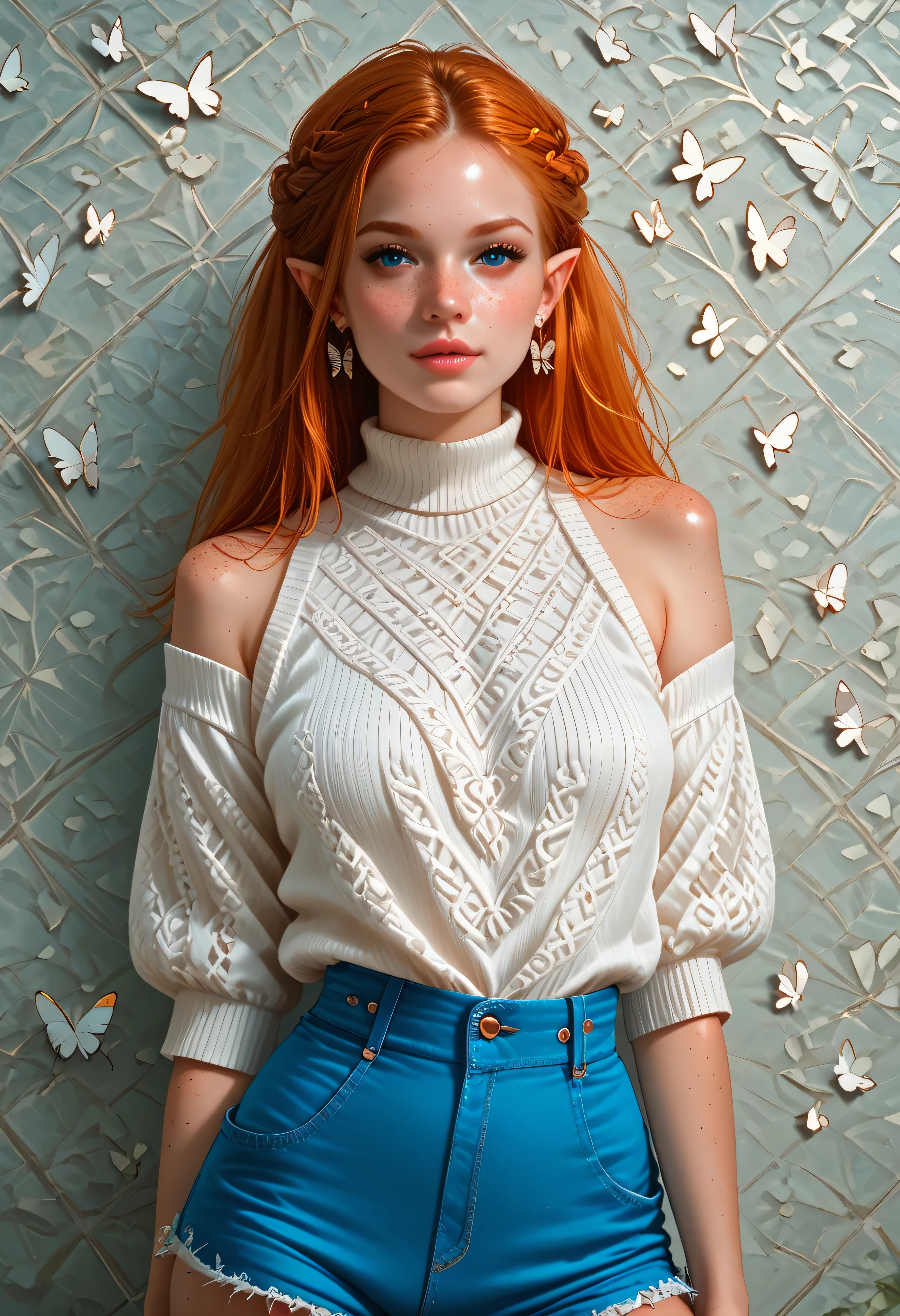 safe_pos, safe_pos, masterpiece,best quality,amazing quality, 1girl, sexy, pose, dynamic angle, sexy, elf mage, blue eyes, french braids, ginger hair, earrings, freckles, body freckles, detailed face, skirt shorts, oversized sweater, bare shoulders, aesthetic, absurdres, butterfly, detailed background, abstract composition, dynamic pose,Gorgeous Galactic