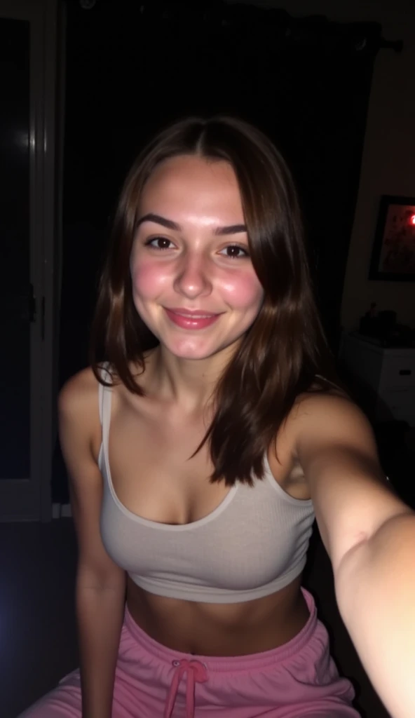 beautiful average looking woman, smiling, small breasts, nice body, tight low cut black longsleevetop, pale skin, cleavage, ((leaning forward)), down blouse, (looking at the camera:1.4), (highest quality), (best shadow), intricate details, interior, brown hair:1.3, dark studio, muted colors, freckles, show full body, bottomless