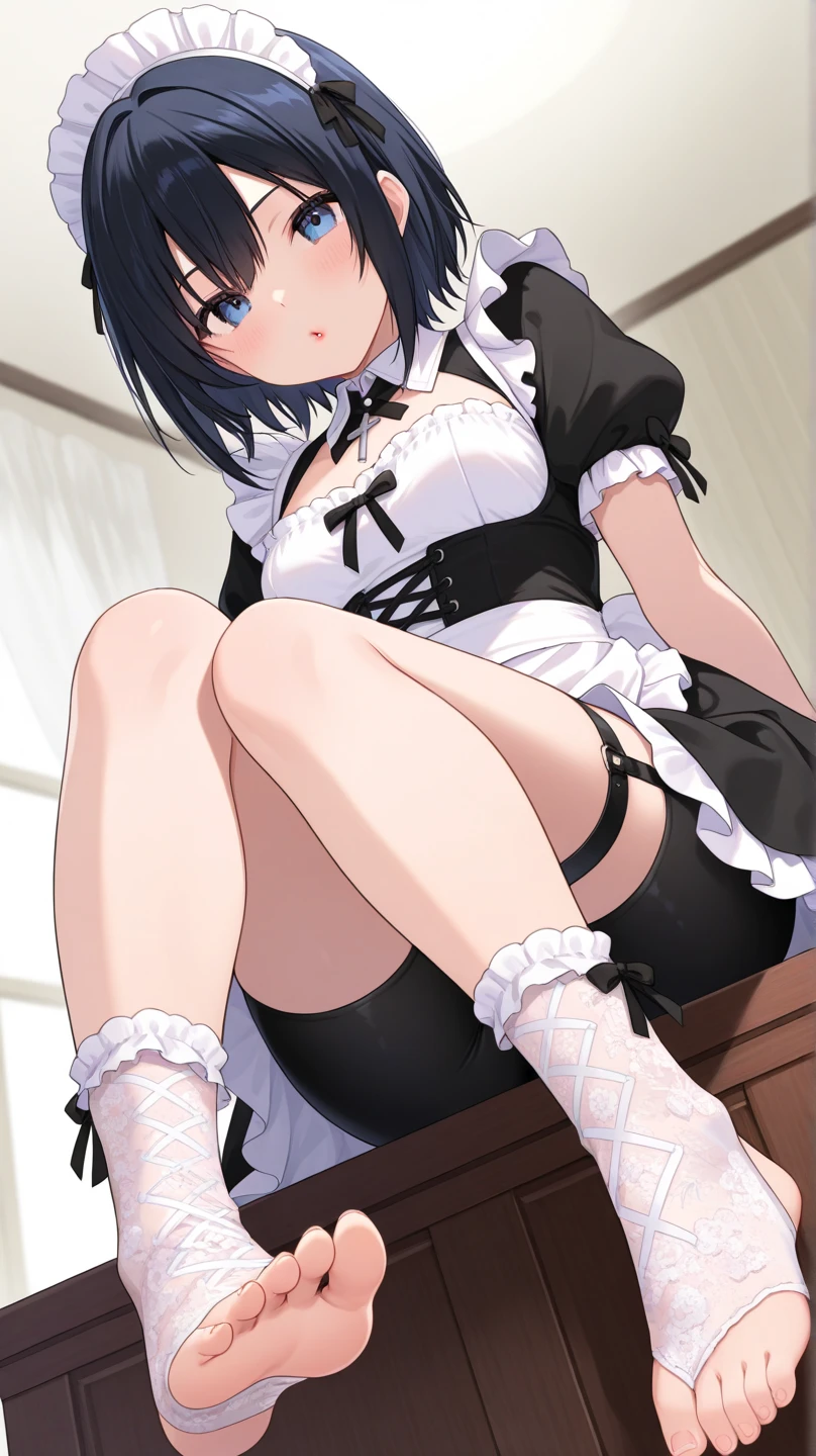 (((Pixel Perfect, Perfect in every detail,nsfw,,clothes lift,large breasts,light smile,dpubic hair,alon,solo focus,clothes lift,1 girl,black thigh-high socks))), alone, One girl, ((Ruka Sarashina)), Blue Ribbon, big , (Princess Maid), View your viewers, In the room, sitting,spread legs