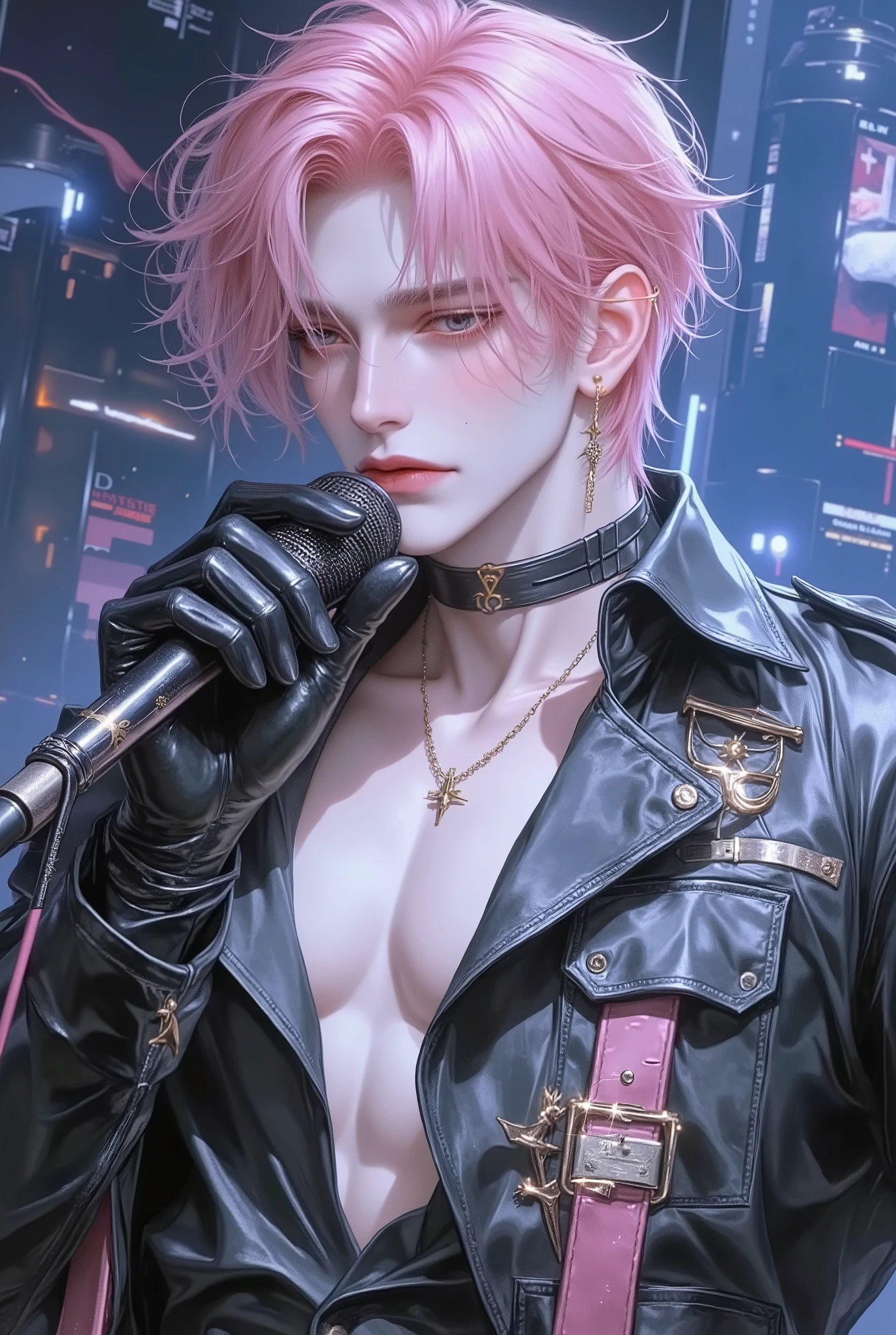 Boys,Idol,short pink hair,on stage,Microphone in hand,Cyberpunk Style,Full of charm,full body,((HD quality))
