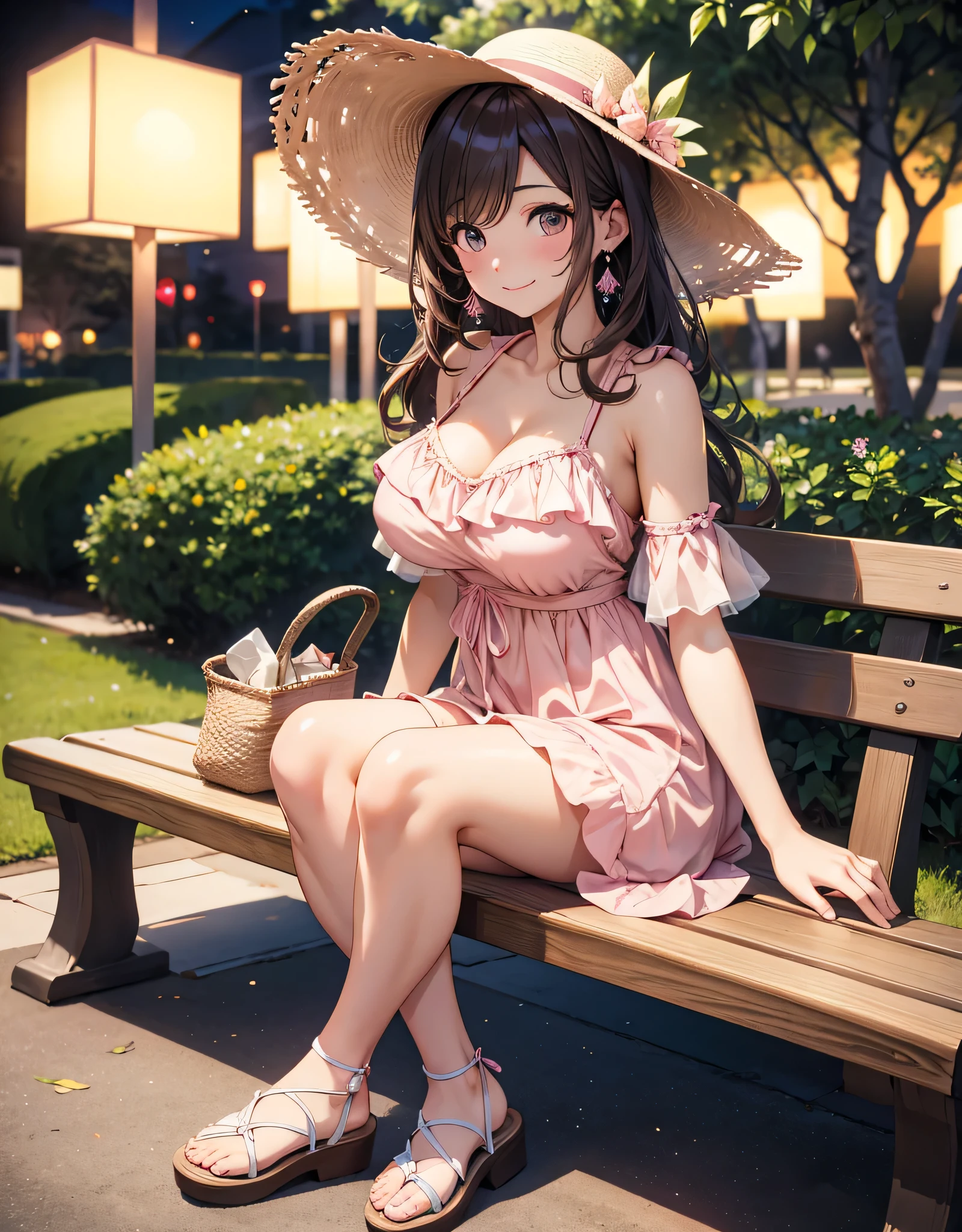 sit on a bench, one woman, Big Breasts In Bikinis, smile, long hair, Front hair, brown eyes, masterpiece, anatomically accurate, a masterpiece that has won many awards, 最high quality, , high quality, beautiful eyes, very detailed,  Ultra-fine, hair, (((  Light Pink Dress  ))), smile, Full body emphasis,  Sapporo Odori Park,   white sandals, straw hat, masterpiece, anatomically accurate, 最high quality, details, High details, high quality, quality, retina, textured skin, Ultra-fine, earrings,  sommer,night, electric light,