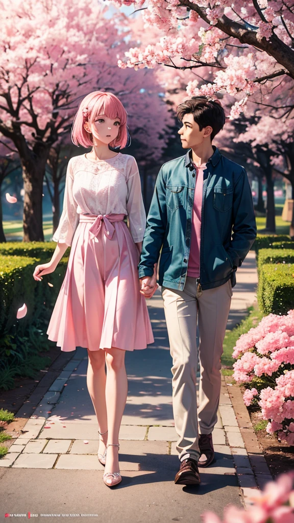The couple walking in the Sakura flower and Tulip Filed.The girl wearing crop top and jean and beautiful shoes and long crazy hair colour. The boy is wearing white shirt and jean pant. Anime. --auto --s2