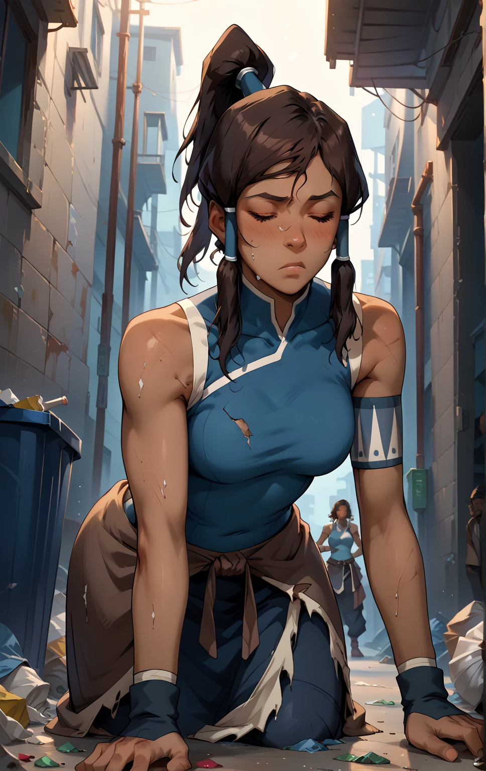 score_9, score_8_up, score_7_up, score_9, BREAK korraSDXL, 1girl, solo, long hair, closed eyes, brown hair, bare shoulders, medium breasts, standing, ponytail, sleeveless, dark skin, dark-skinned female, hair tubes, vambraces, topknot, solo focus, eyes closed, drunk, drunk woman mouth open, drolling, passed out, (fall asleep), top down bottom up, ((inside trash bin)), disheveled clothes, skirt lifted, single messy bun, dirty clothes, torn clothes, (midnight), ((night time)), dim light, alley, topple over, dramatic angle, dark skinned woman, sexy dark skinned Brazilian model, frowning, in pain, distress. Dark skinned, deep dark skin. bleeding everywhere. Drugged. Pained, frowning, sleeping, knocked unconscious, in pain. Dark skin. Dark skinned baddie. Lying on the ground, bottom up