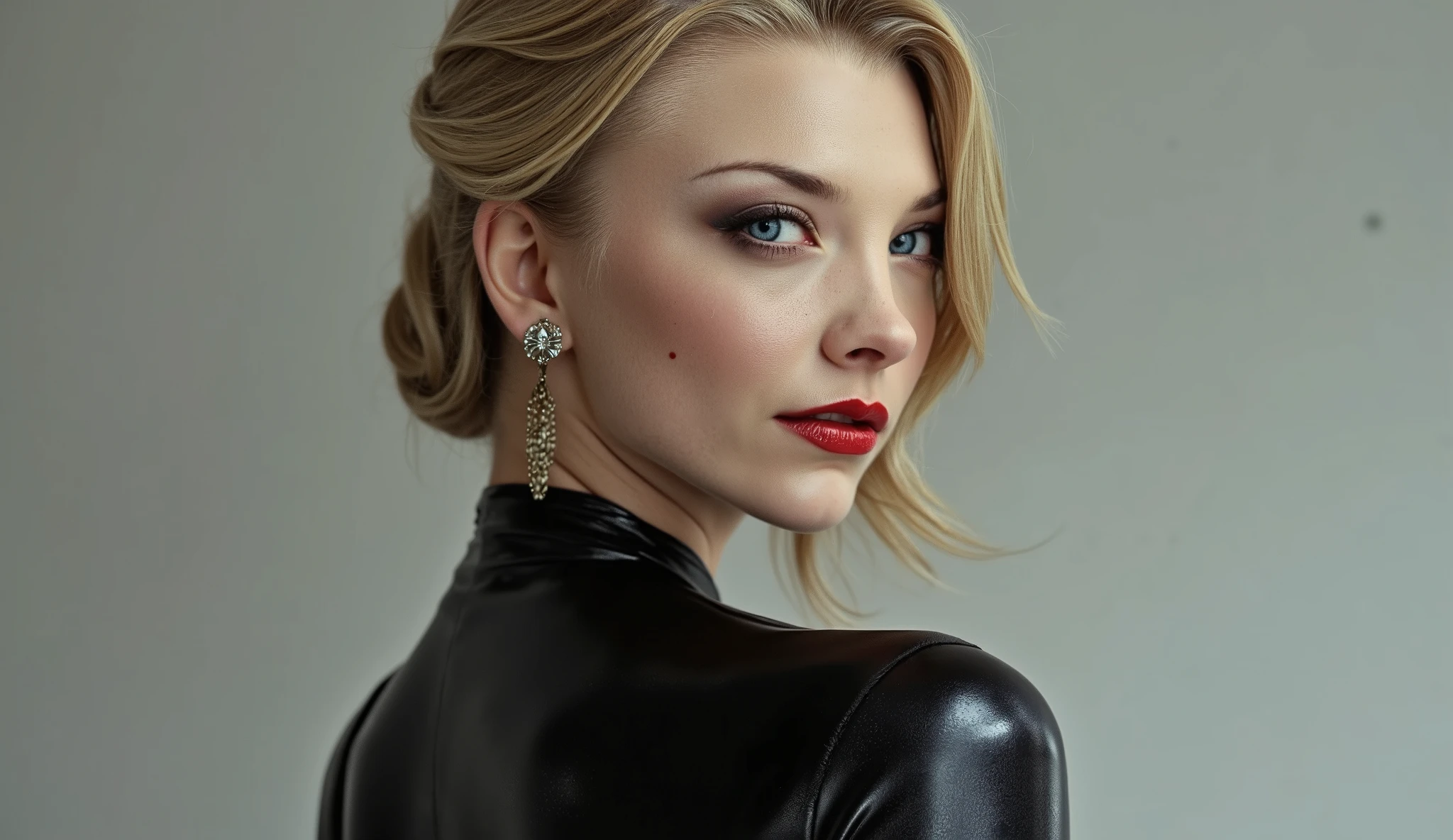  body portrait, elegant blonde hair, extremely shiny scarlet red lip gloss, eyeliner flicks, full latex catsuit latex, smile