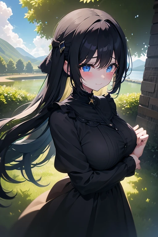 (High resolution:1.4), (masutepiece:1.2), (High quality:1.3) 1girl, saten ruiko, green eyes, long hair, black hair, small breast, A luxurious dress from medieval Europe, cinematic lighting, pov, grin, A medieval mansion, dynamic angle, nsfw