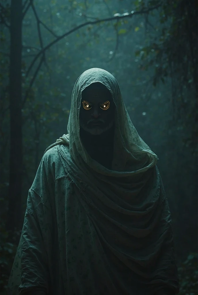 A cloaked Nigerian man figure standing at the edge of the village, partially hidden in the shadows. The figure's face is obscured by the hood, but their piercing eyes glow faintly from within. The cloak is tattered and worn, blending into the dark forest behind them. The figure exudes an aura of mystery and danger, and their presence seems to draw the attention of the villagers, who look on with a mix of curiosity and fear.