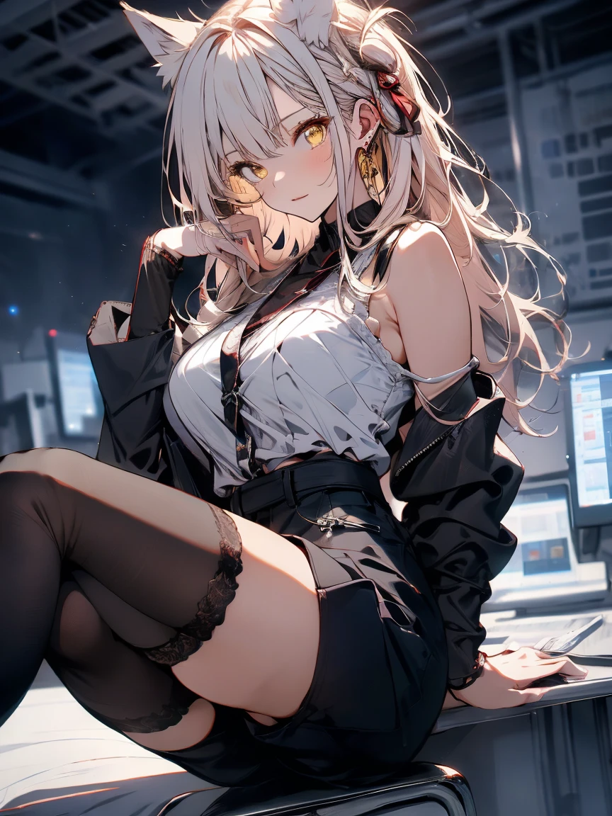 masterpiece,((highest quality)), very detailed, dynamic angle, (perfect hands),detailed shiny skin, thin hair, fine eyes,), amazing background, meaningful background, absurd background, artistic overlay,The style is surrealism, cinematic lighting, ray tracing,sacred light, white haired,red eyes,((milf)),(((orgasm))),(embarrassing,blush:1.3),(skirt),(T-back that digs into your butt,thong lingerie),(tears:1.2),(Sweat:1.1),((Leg spread:1.2)),Blake,((at the office:1.1)),(big breasts,thighs),(GOLD and black decoration:1.2,clothing:1.2),button-down shirt,((Squint eyes:1.2)),Japanese anime,((stockings)),((Sit at a desk,Leg spread:1.3,squat)),((leaning behind:1.2)),