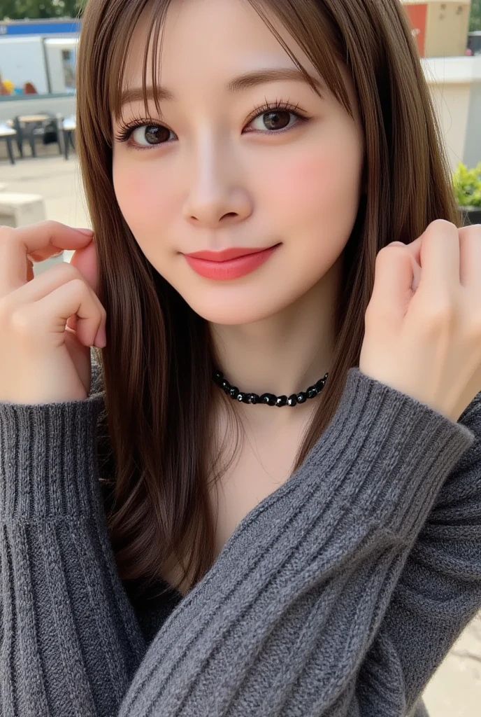 In detail, High resolution, high quality、Perfect dynamic composition, Beautiful fine details, Beauty、Natural color lip、The background is clear、Shooting up close、((((Cafe、Black long sleeve knit))))、35-year-old woman、Married women、Face is close、1 person、 最high quality, Very detailed, In detail, High resolution, 8k、The correct state of the human body、Shiny wet hair、Perfect beautiful face、Big Breasts、G-cup bust、necklace、Slender body、Big eyes、Big dark eyes、looking at the camera、smile、Upper body only、Random sexy poses、ring、MILF