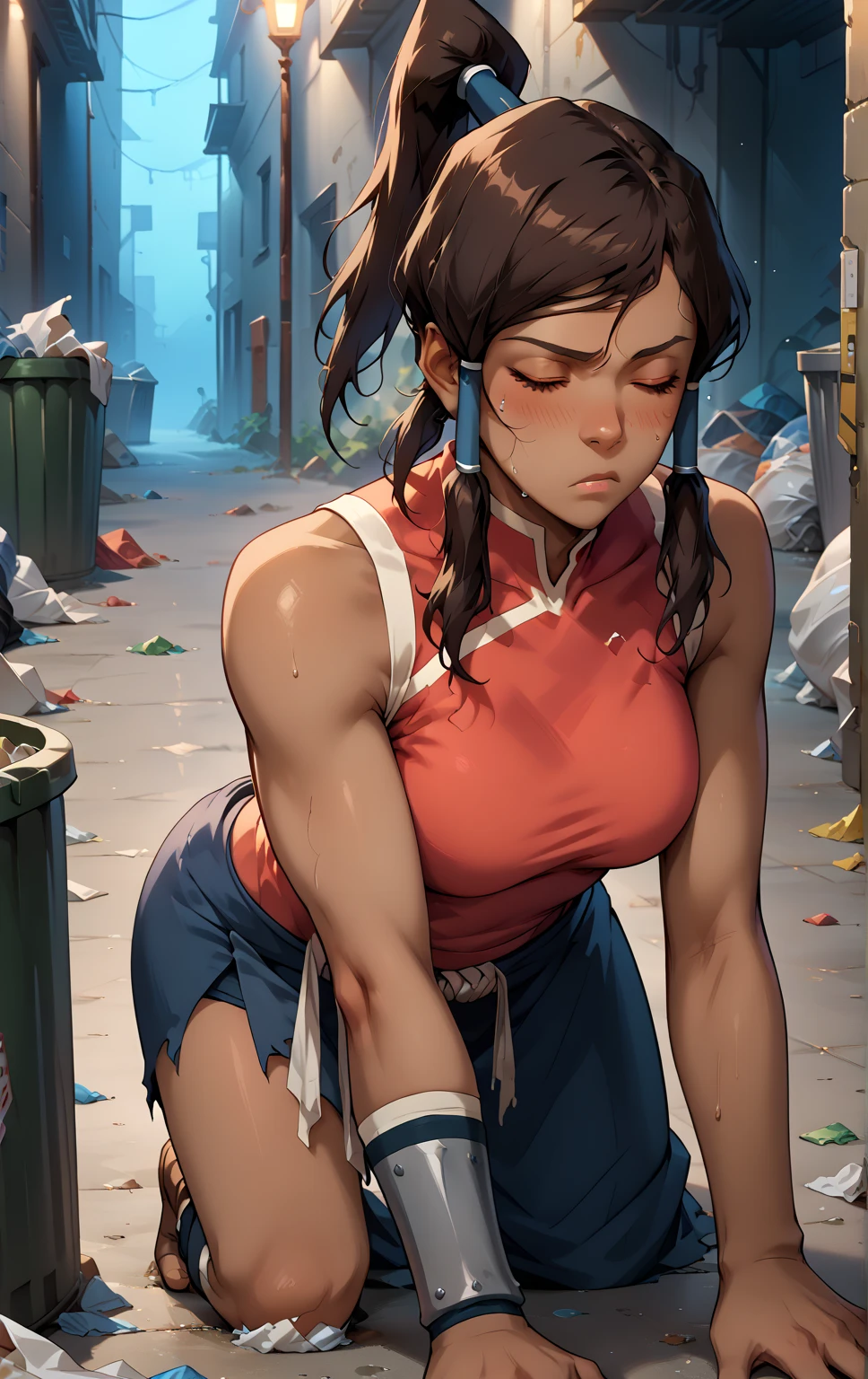 score_9, score_8_up, score_7_up, score_9, BREAK korraSDXL, 1girl, solo, long hair, closed eyes, brown hair, bare shoulders, medium breasts, standing, ponytail, sleeveless, dark skin, dark-skinned female, hair tubes, vambraces, topknot, solo focus, eyes closed, drunk, drunk woman mouth open, drolling, passed out, (fall asleep), top down bottom up, ((inside trash bin)), disheveled clothes, skirt lifted, single messy bun, dirty clothes, torn clothes, (midnight), ((night time)), dim light, alley, topple over, dramatic angle, dark skinned woman, sexy dark skinned Brazilian model, frowning, in pain, distress. Dark skinned, deep dark skin. bleeding everywhere. Drugged. Pained, frowning, sleeping, knocked unconscious, in pain. Dark skin. Dark skinned baddie. Lying on the ground, bottom up, butt up and lower body down