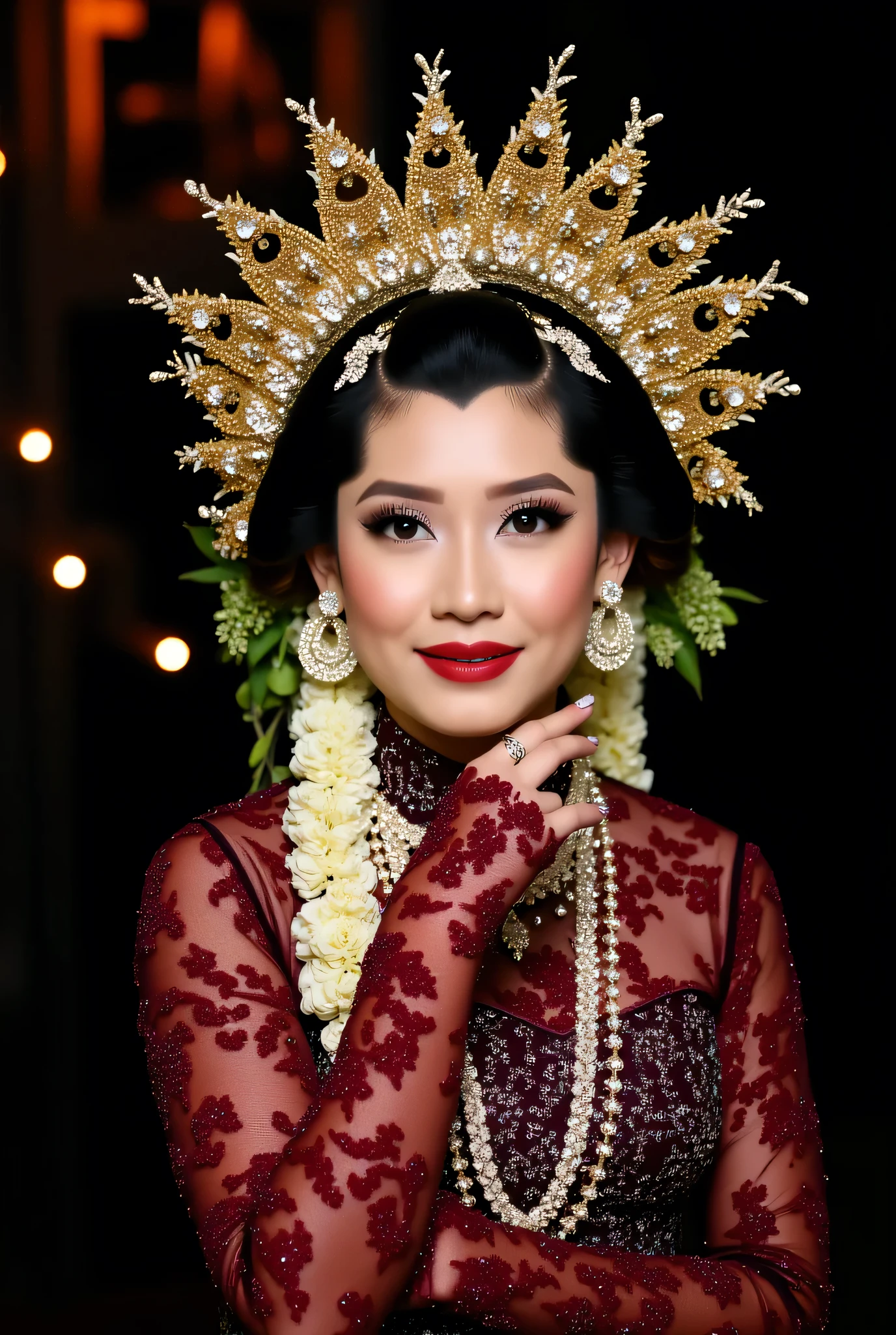 A woman ,Her attire is rich in detail and color,dramatis backdrop with hints of orange and gold. She wears a deep burgundy dress made of intricate lace and embellished with numerous sparkling rhinestones and sequins. The dress features a high neckline and long sleeves, both heavily decorated with the same ornate patterns and shimmering details.
Her hair is styled in an elegant updo, adorned with a golden headpiece that extends upwards in a series of pointed, floral-like structures, each tipped with a sparkling gem. The headpiece is further embellished with delicate white flowers and green foliage, adding a natural element to the regal look. complementing the rich burgundy of her dress.
Her makeup is meticulously applied, featuring defined eyebrows, subtly contoured cheeks, and a bold red lip that matches the color scheme of her outfit. Her expression is serene and composed, exuding a sense of grace and poise. The lighting is focused on her, highlighting the textures and details of her attire and accessories, while the black backdrop