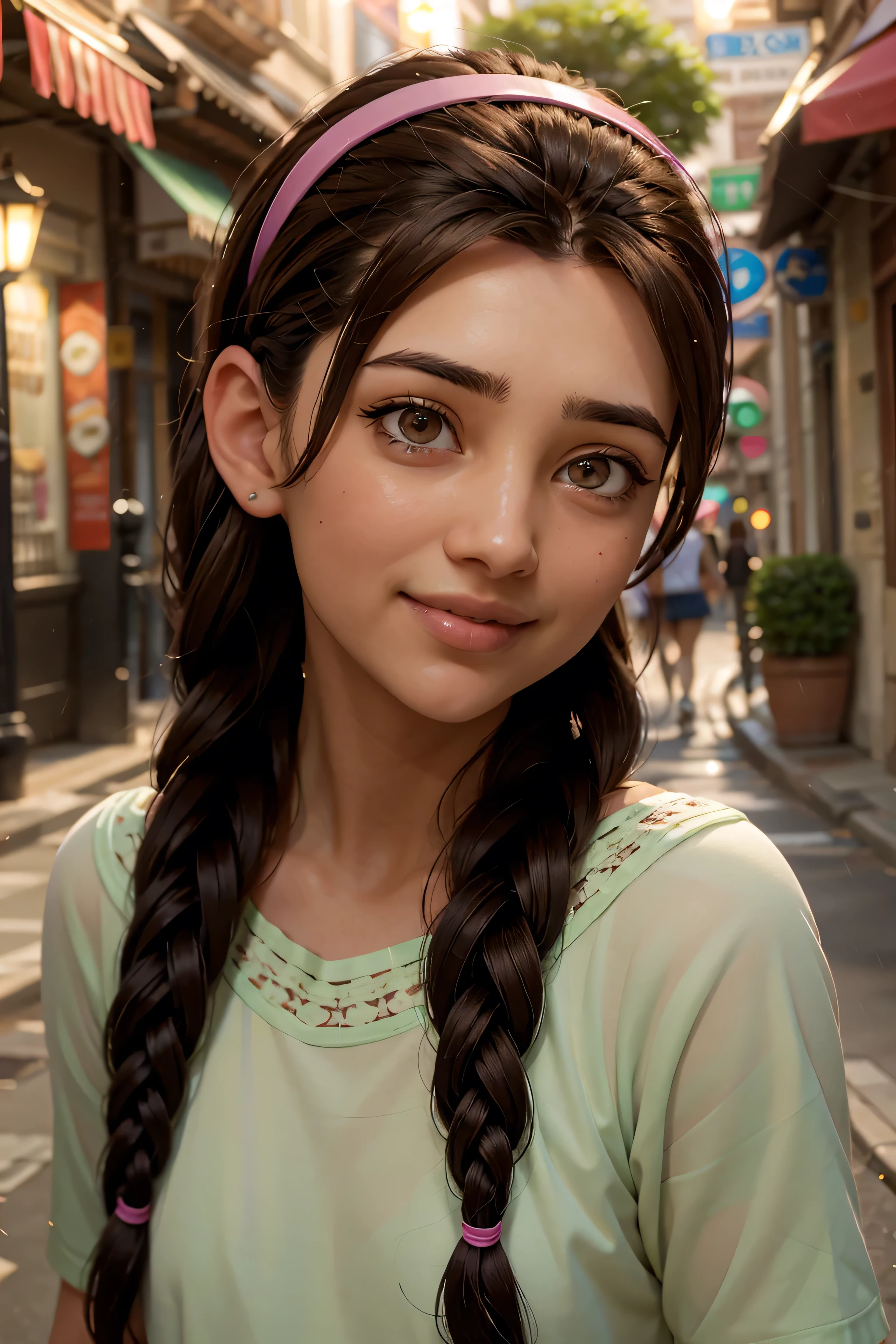 An impressive and intricate full color portrait, Ultra-HD a girl, brown hair with 2 braids, brown eyes, pink headband, detailed face, dressed in a light green t-shirt with embroidery on the neck, no logos, epic character composition, alessio albi, nina masic, sharp focus, natural lighting, subsurface dispersion, on a date, happy smile, rain, cloudy.