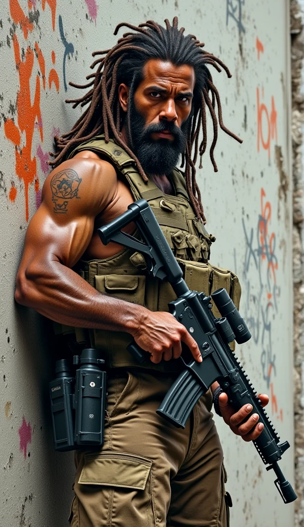 Image d'un homme noir très musclé, qui pousse la fonte sur un banc de musculation. This man has very visible veins on his arms, et ses avants bras. Sur l'image, on l'aperçoit de profil. Il a des dreadlocks, and wears a bandana with pirate and skull prints. Il rst torse nu, et porte un bermuda cargo large, camouflage print.