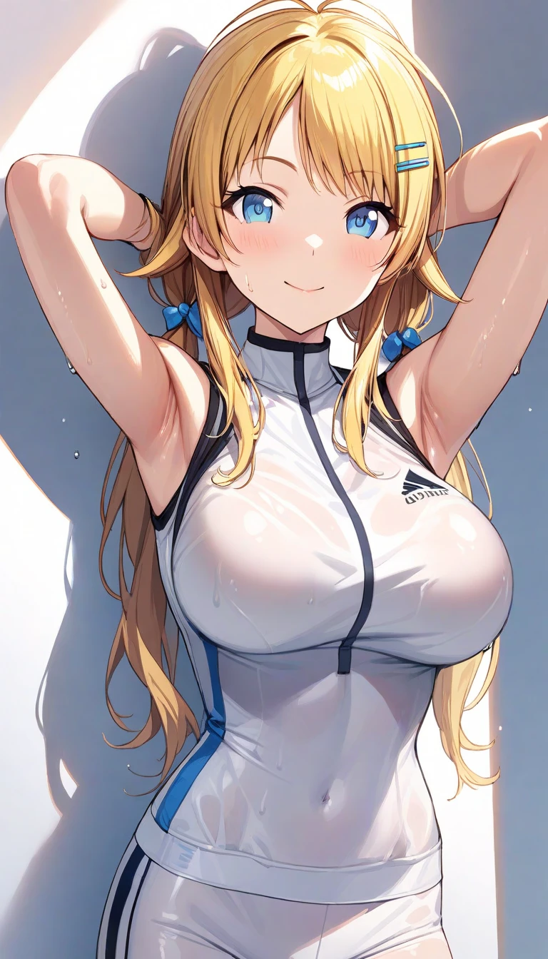 high resolution, extremely detailed CG, unity 8k wallpaper, super detailed skin, perfect anatomy, detailed, cinematic lighting, dynamic lighting, beautiful detailed eyes, one girl, cowboy shot, (arms behind back:1.2), smile, (beautiful girl, delicate girl:1.3), (:1.3), extremely fine-grained clarity, (symmetrical eyes:1.3), (front of wall:1.2), (see-through one-piece swimsuit:1.5), (gigantic breasts:1.2), brown eyes, hair over one eye, tanned skin, young girl, (Eye and face details:1.0), (embarrassed:1.5), gleaming skin, looking back at viewer,