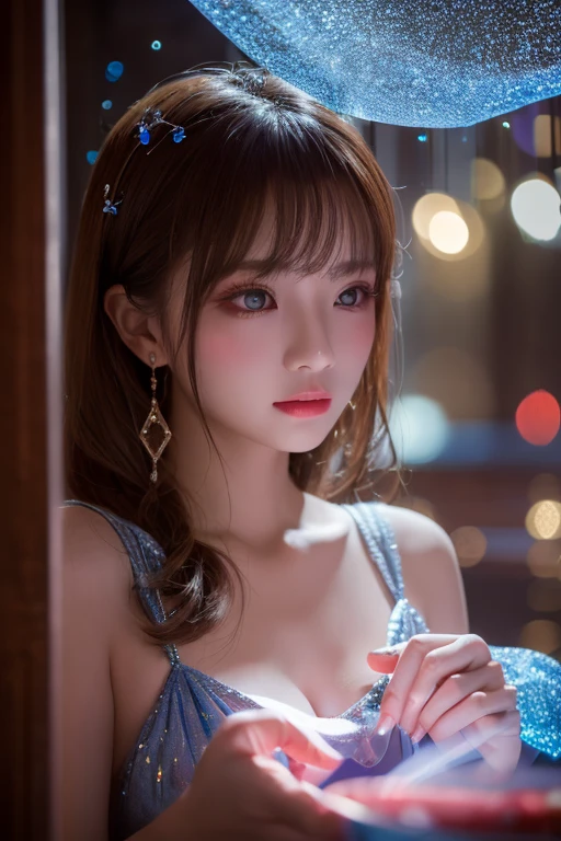 night time,  (An extremely delicate and beautiful work), (masterpiece), 1 girl, streetwear, Very detailed, Ponytail Contortion, charming expression, beautiful and clear eyes, blue eye pupils, Delicate pearl necklace, exquisite earrings, extremely detailed description, beautiful, charming, Ultra-fine painting, delicate face, Exquisite figure, Delicate collarbone, charming的嘴唇, Soft back, Mix 4,(8k, original photo, best quality, masterpiece:1.2), (actual, photo-actual:1.37),1 girl,charming的,city View, night, rain, wet, professional lighting, above waist,Protruding cleavage