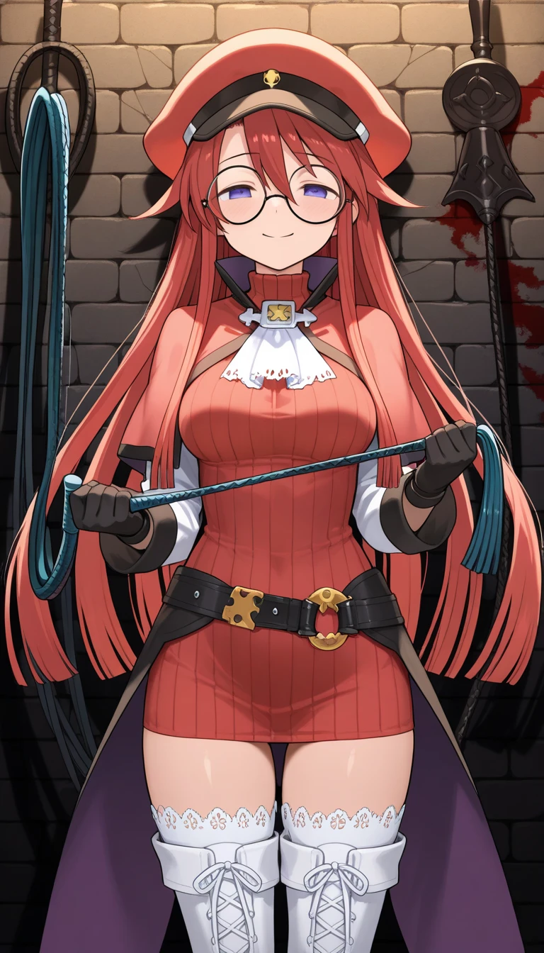 score_9, score_8_up, score_7_up, score_6_up, score_5_up, score_4_up, source_anime, 1girl, aty, long hair, blue eyes, red hair, beret, hat, glasses,
BREAK long hair, thighhighs, hat, dress, boots, glasses, belt, cape, sweater, zettai ryouiki, beret, thigh boots, white footwear, ribbed sweater, loose belt, w-w-chain, shackles, spread arms, dungeon, best quality, best res, 4K UHD,