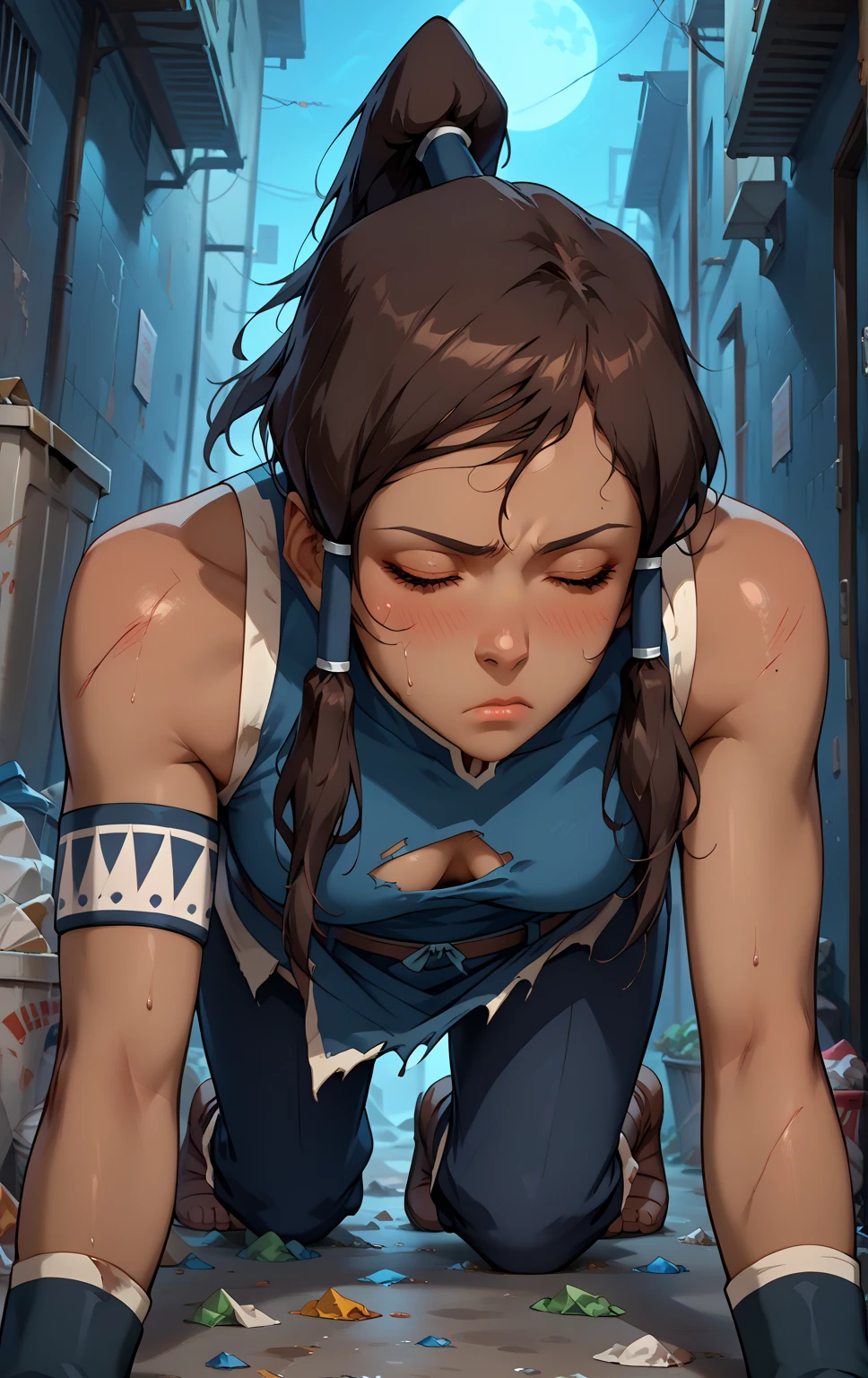 score_9, score_8_up, score_7_up, score_9, BREAK korraSDXL, 1girl, solo, long hair, closed eyes, brown hair, bare shoulders, medium breasts, standing, ponytail, sleeveless, dark skin, dark-skinned female, hair tubes, vambraces, topknot, solo focus, eyes closed, drunk, drunk woman mouth open, drolling, passed out, (fall asleep), top down bottom up, ((inside trash bin)), disheveled clothes, skirt lifted, single messy bun, dirty clothes, torn clothes, (midnight), ((night time)), dim light, alley, topple over, dramatic angle, dark skinned woman, sexy dark skinned Brazilian model, frowning, in pain, distress. Dark skinned, deep dark skin. bleeding everywhere. Drugged. Pained, frowning, sleeping, knocked unconscious, in pain. Dark skin. Dark skinned baddie. Lying on the ground, bottom up, butt up and lower body down. LYING ON STOMACH. ASS UP, LOWER BODY DOWN, ASS UP