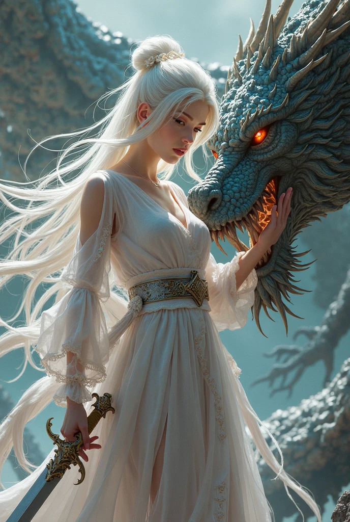 (masterpiece, top quality, best quality, official art, beautiful and aesthetic:1.2), (1maturedgirl), cute, extreme detailed, colorful, highest detailed, royal, crown, princess with little dragon, sharp nose, adorable eyes, 1 girl 1 man, silver hair, focus eyes on girl, focus eyes on little dragon ,couple