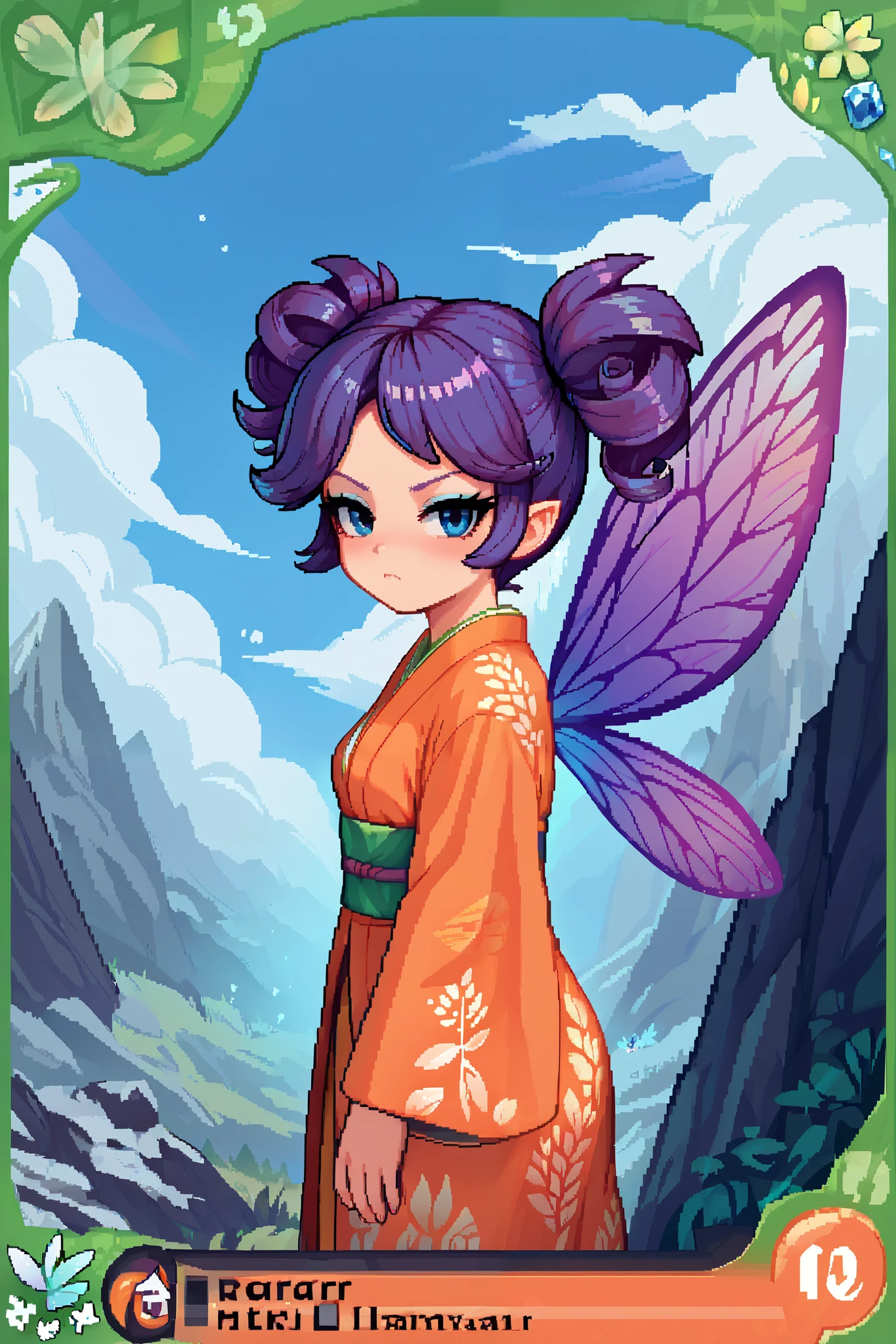 score_9_up, score_8_up, score_7_up, 1girl, solo, source_anime, pixel art, tr4dingcard, card (medium), english_test, common_rarity_icon, N, trading_card, white_trade_card_frames, fairy, FairyForm, Fairy Wings, Wings BREAK
Short twintails, fairy wings, bangs, small breasts, purple hair, blue eyes BREAK
Traditional japanese, japanese clothes, orange kimono BREAK
Standing, looking at viewer, bored face, blush, closed mouth, frown, blush BREAK
outdoors, (rocky landscape), smoke clouds, blue sky, far away mountains