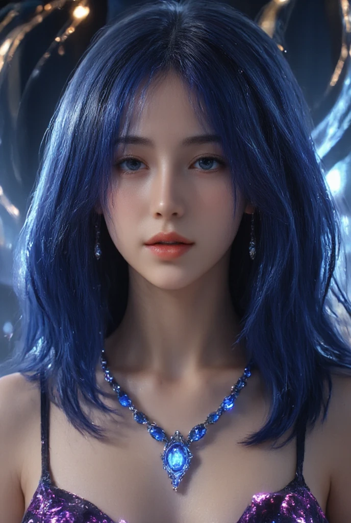 One girl, High resolution, blue eyes, accessories, Colorful Hair, Earrings, Large Breasts, Sparkle Effect, abstract, 3D Rendering, 8k octane, abstract表現主義, 