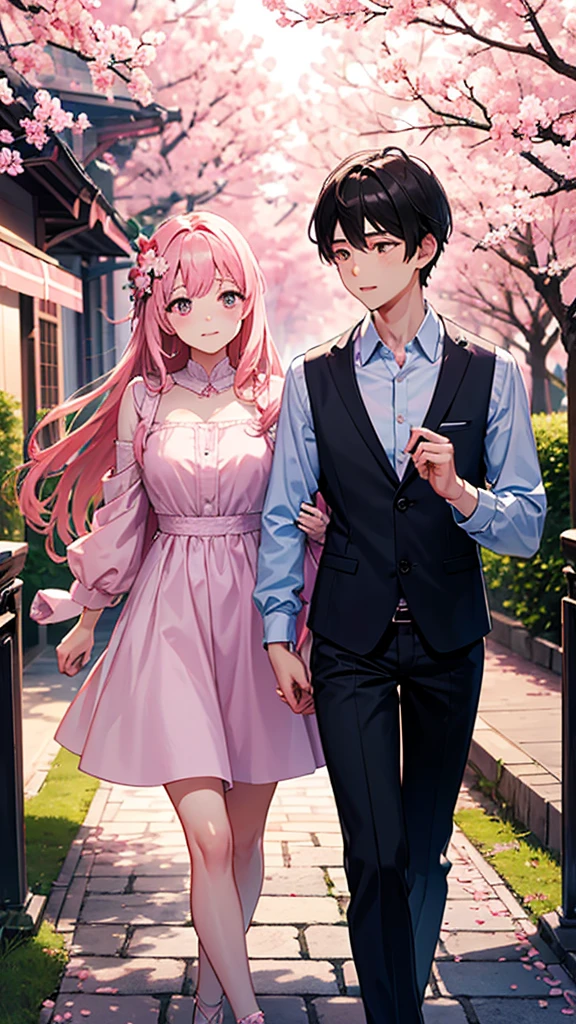 (one male standing aside a girl) and one Girl with pink hair, long double-tailed hairstyle, ((small pink bushy eyebrows)), dressed in lolita clothes, marked vagina, lolicon (Zankuro) drawing style by zankuro artist, Zancro style, image uploaded to R34, sucking penis cum bubbling out her mouth, in a street