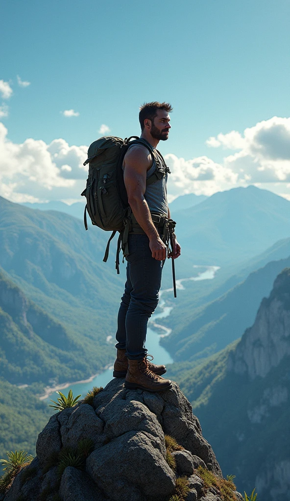 Generate an image of a man in peak physical condition participating in an outdoor adventure activity, such as hiking or rock climbing, with a breathtaking landscape in the background