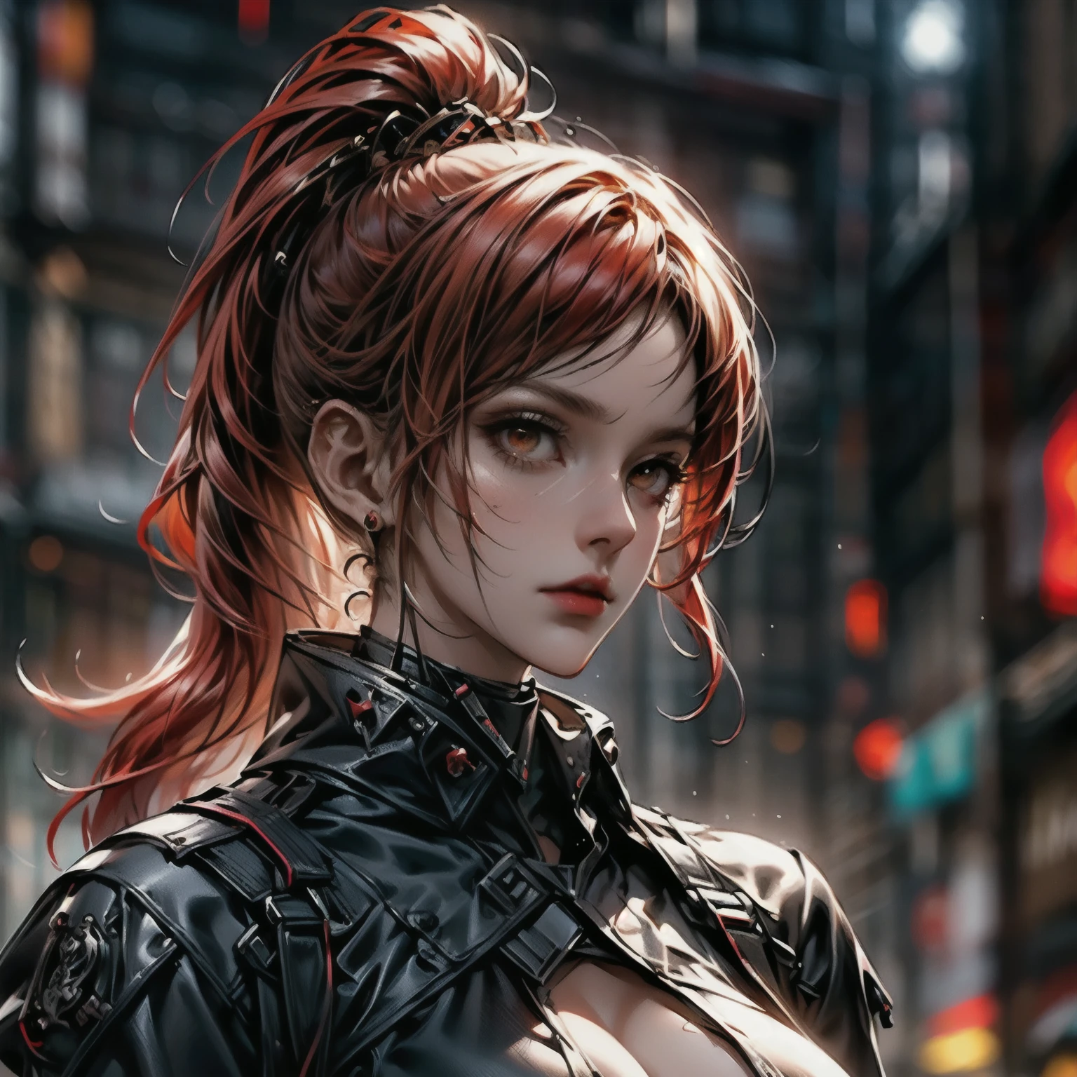 ((best quality)), ((Masterpiece)), (details:1.4), 3d, Image of a beautiful cyberpunk woman., HDR (high dynamic range), mature woman, Big breasts, high ponytail, red hair, future police, PBR surface, After processing, Anisotropic filtration,depth of field, Maximum clarity and clarity, multi-layered surface, perfect proportions, 8K raw files, future world, at night, Scars on the face,