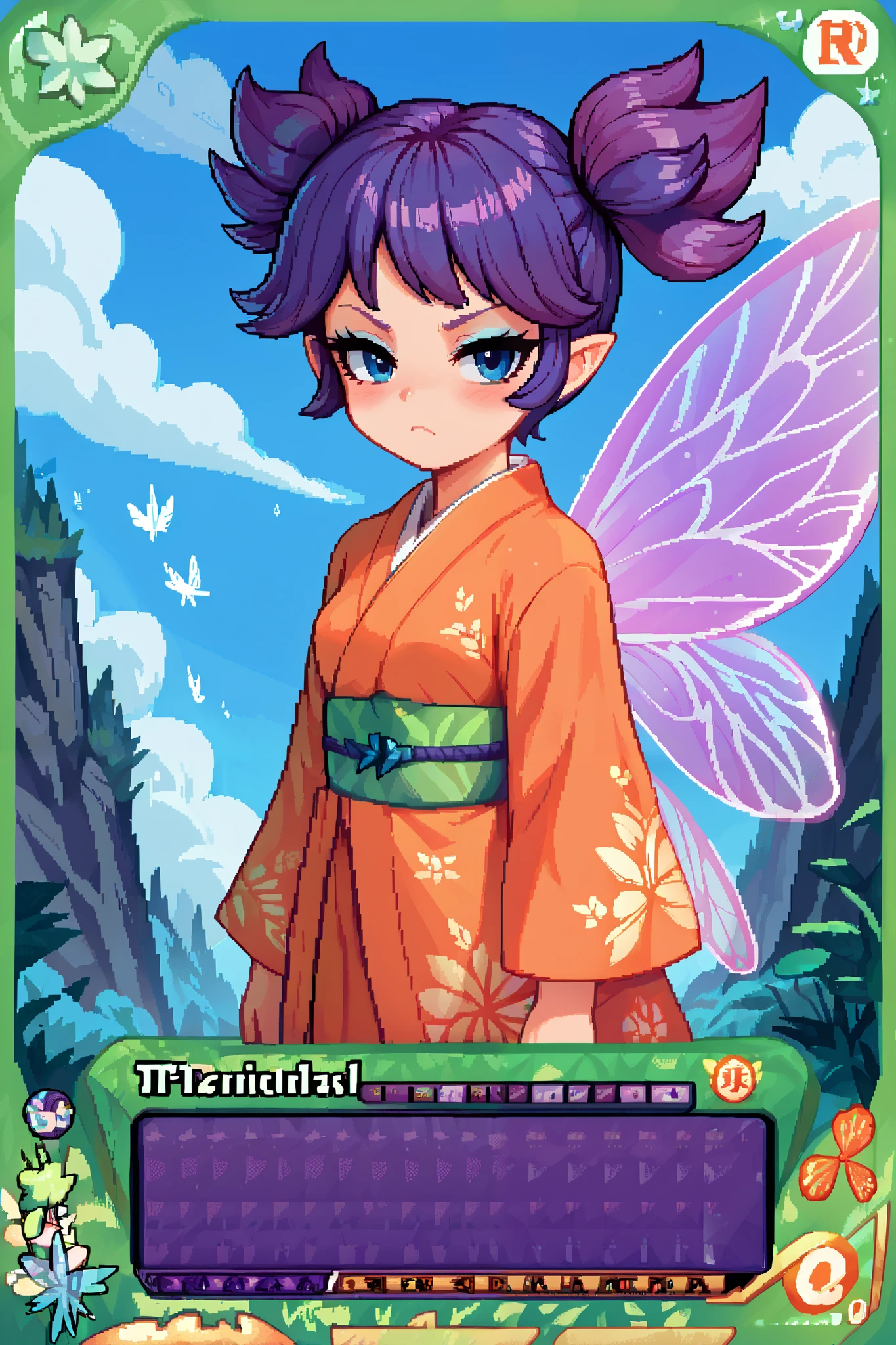 score_9_up, score_8_up, score_7_up, 1girl, solo, source_anime, pixel art, tr4dingcard, card (medium), english_test, common_rarity_icon, N, trading_card, white_trade_card_frames, fairy, FairyForm, Fairy Wings, Wings BREAK 

Short twintails, fairy wings, bangs, small breasts, purple hair, blue eyes BREAK 

Traditional japanese, japanese clothes, orange kimono BREAK

Standing, looking at viewer, bored face, blush, closed mouth, frown, blush BREAK 

outdoors, (rocky landscape), smoke clouds, blue sky, far away mountains