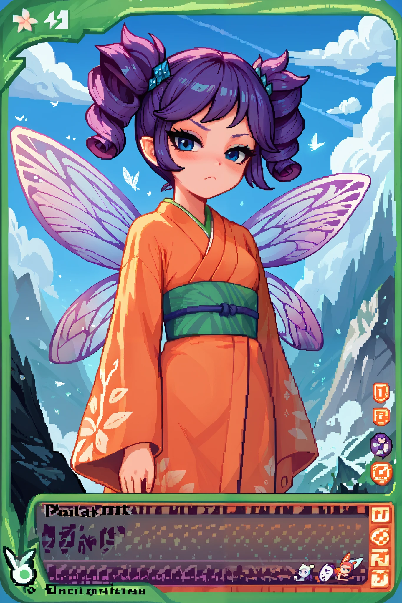 score_9_up, score_8_up, score_7_up, 1girl, solo, source_anime, pixel art, tr4dingcard, card (medium), english_test, common_rarity_icon, N, trading_card, white_trade_card_frames, fairy, FairyForm, Fairy Wings, Wings BREAK
Short twintails, fairy wings, bangs, small breasts, purple hair, blue eyes BREAK
Traditional japanese, japanese clothes, orange kimono BREAK
Standing, looking at viewer, bored face, blush, closed mouth, frown, blush BREAK
outdoors, (rocky landscape), smoke clouds, blue sky, far away mountains