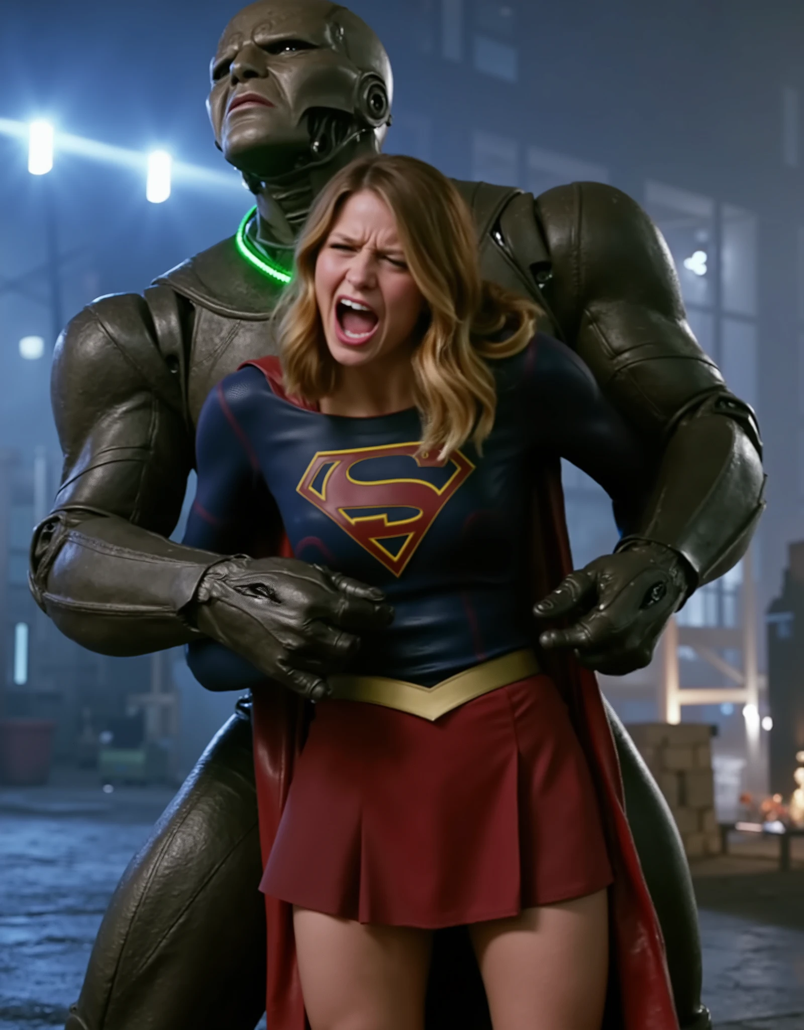 Melissa Benoist as Supergirl, (a very short skirt), fighting with an enemy, she is sexual assaulted from behind by Lex Luther the robot, she bend down and push his hand out, a green lighting collar on her neck, painful face, (Supergirl is screaming in pain), Lex Luther is a strong big robot, he is hugging her tightly from behind, he pull her skirt up and push his private part into her body, whole body from head to feet are visible, in the factory, night time, bright spot lighting,