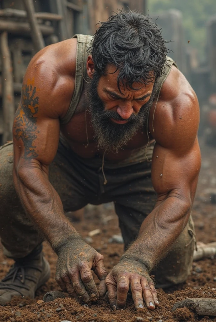 Hairy, strong, shirtless worker. Working in the Rio de Janeiro favela as a bricklayer